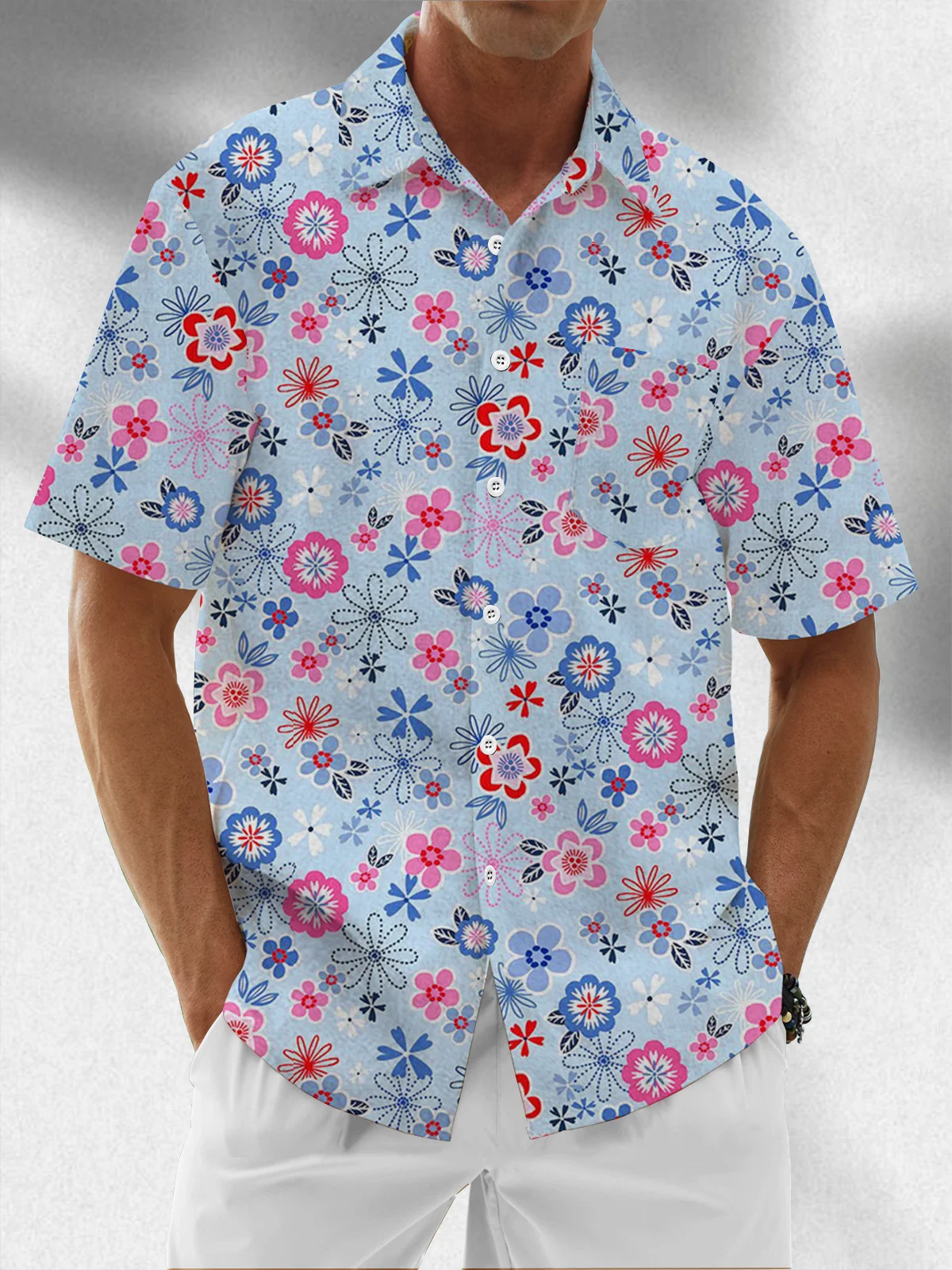 Moisture Wicking Floral Chest Pocket Hawaiian Shirt