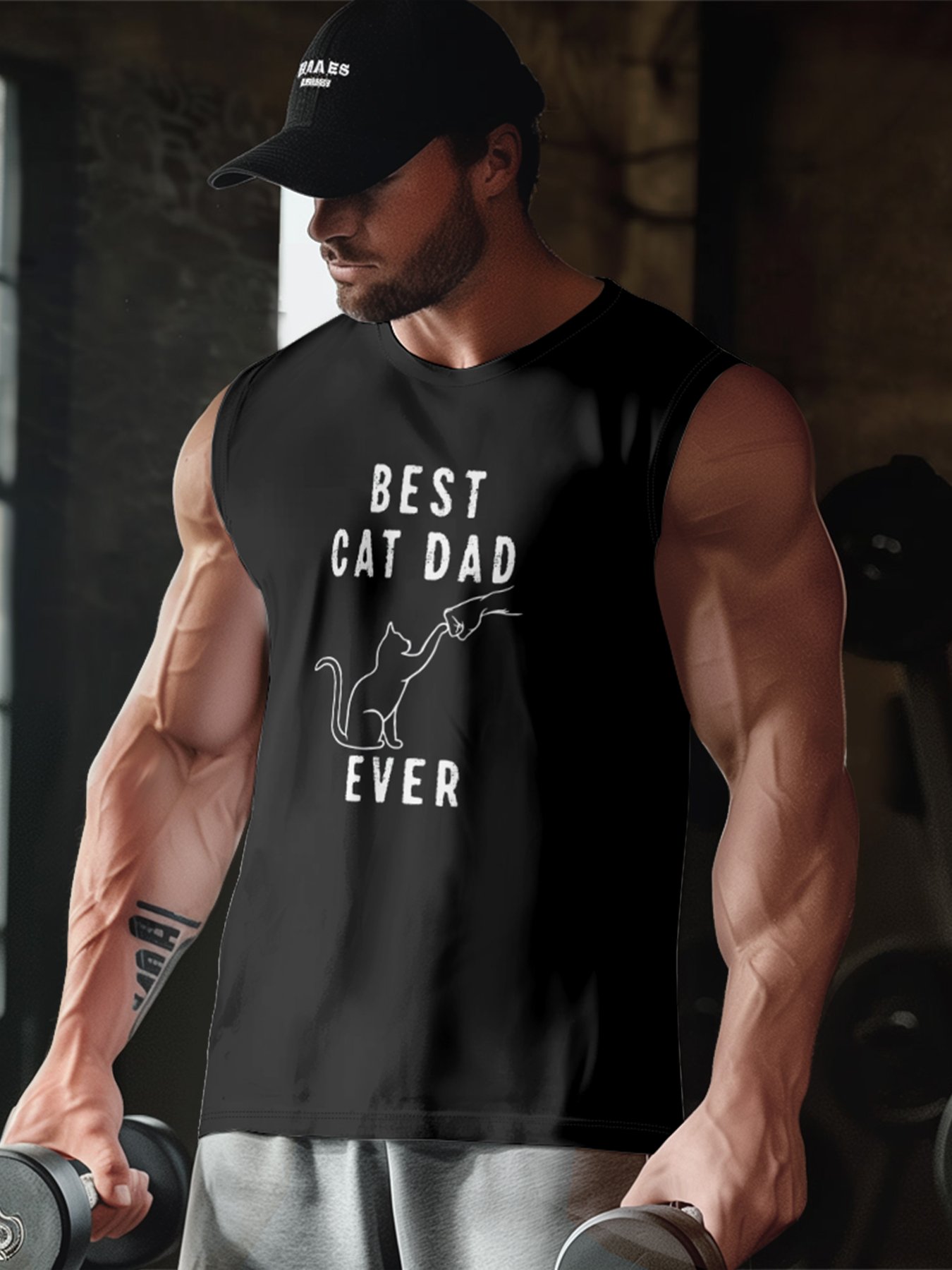 Mens Crewneck Tank Tops Father‘s Day Cat Dad Beach Sleeveless Shirt