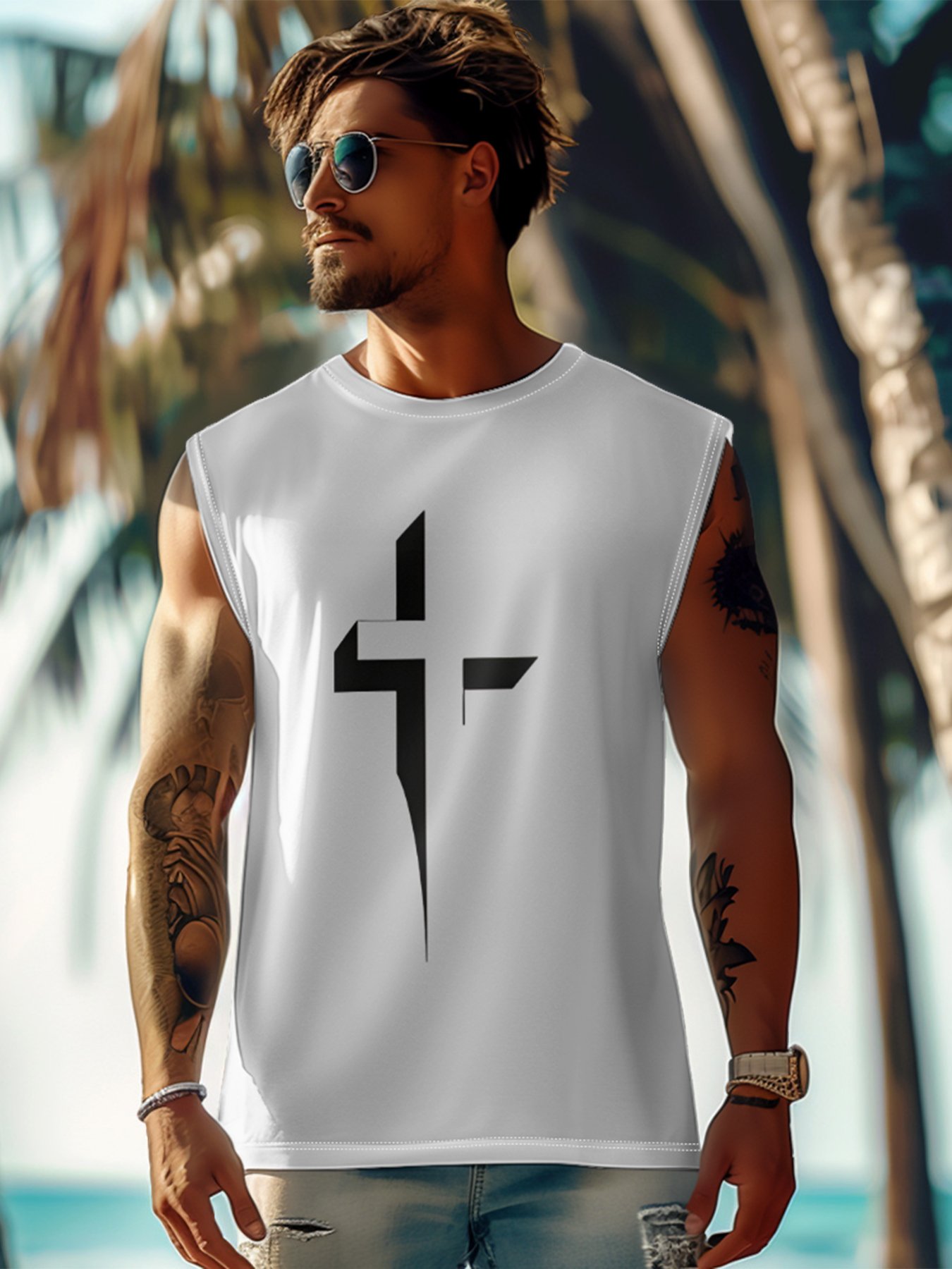 Mens Crewneck Tank Tops Jesus Cross Beach Sleeveless Shirt