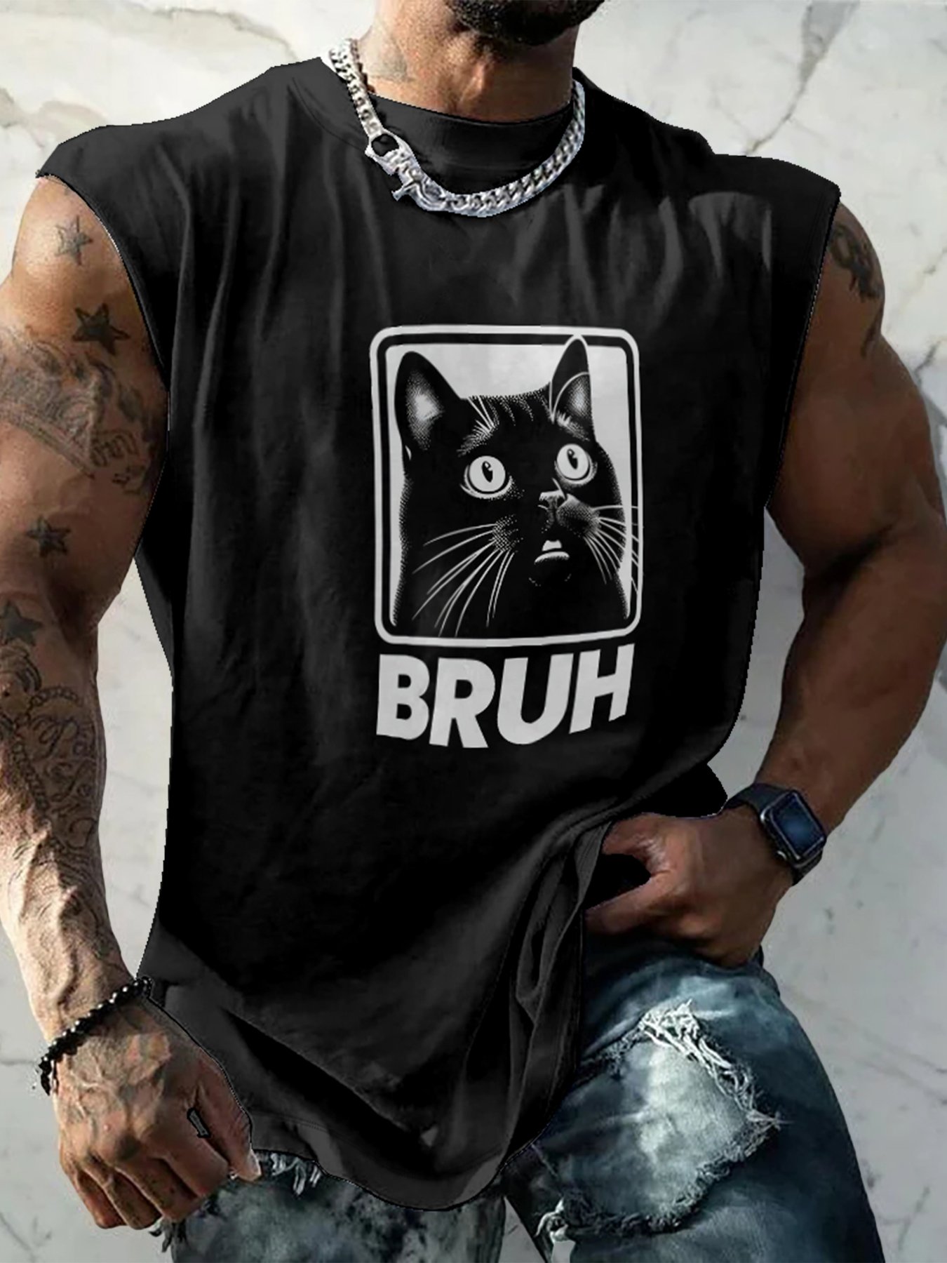 Mens Crewneck Tank Tops Cat BRUH Beach Sleeveless Shirt