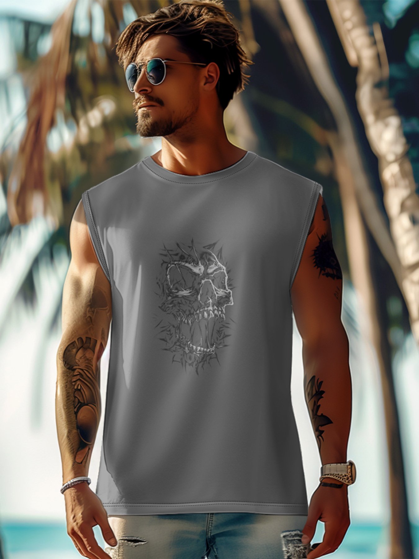 Mens Crewneck Tank Tops Rock Music Skull Beach Sleeveless Shirt