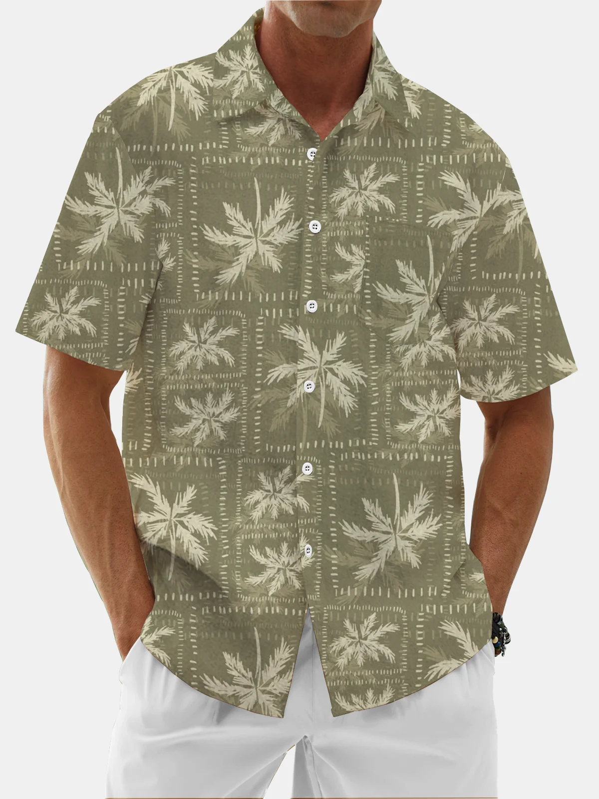 Moisture Wicking Tropical Plants Coconut Tree Chest Pocket Hawaiian Shirt