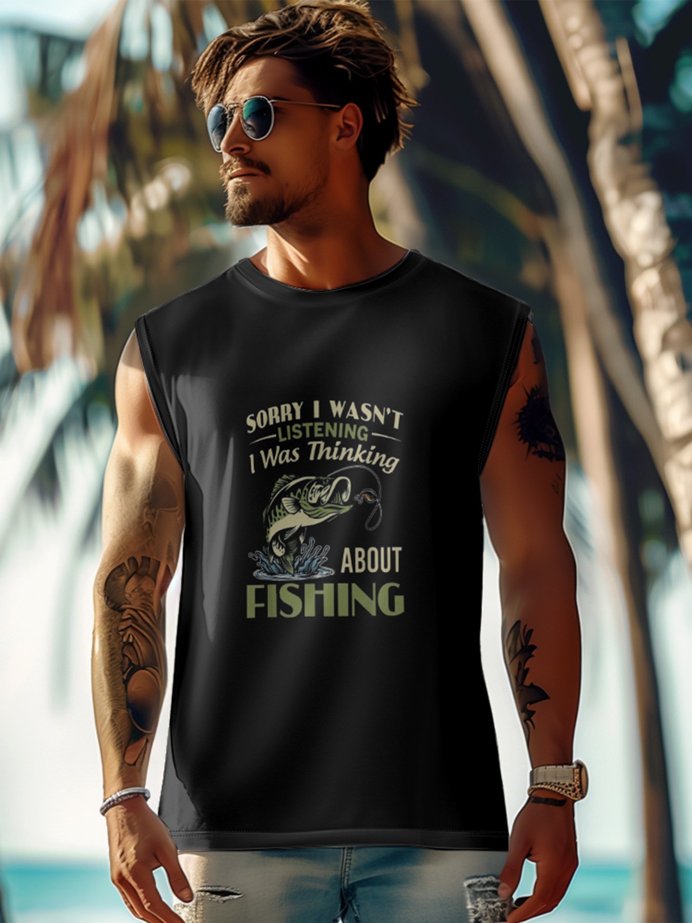 Mens Crewneck Tank Tops Fishing Beach Sleeveless Shirt