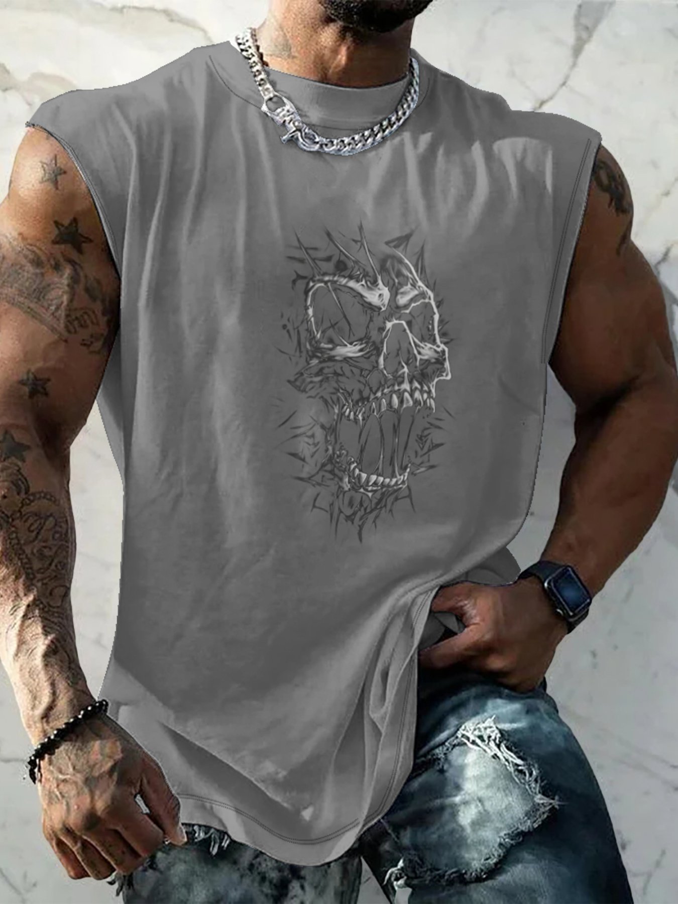 Mens Crewneck Tank Tops Rock Music Skull Beach Sleeveless Shirt