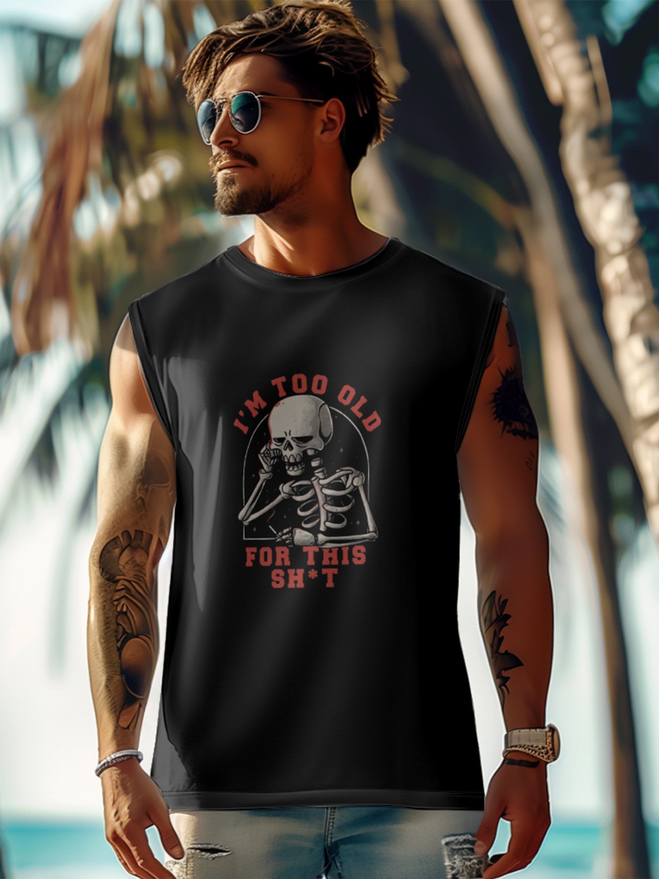Mens Crewneck Tank Tops Im Too Old For This Shit Beach Sleeveless Shirt