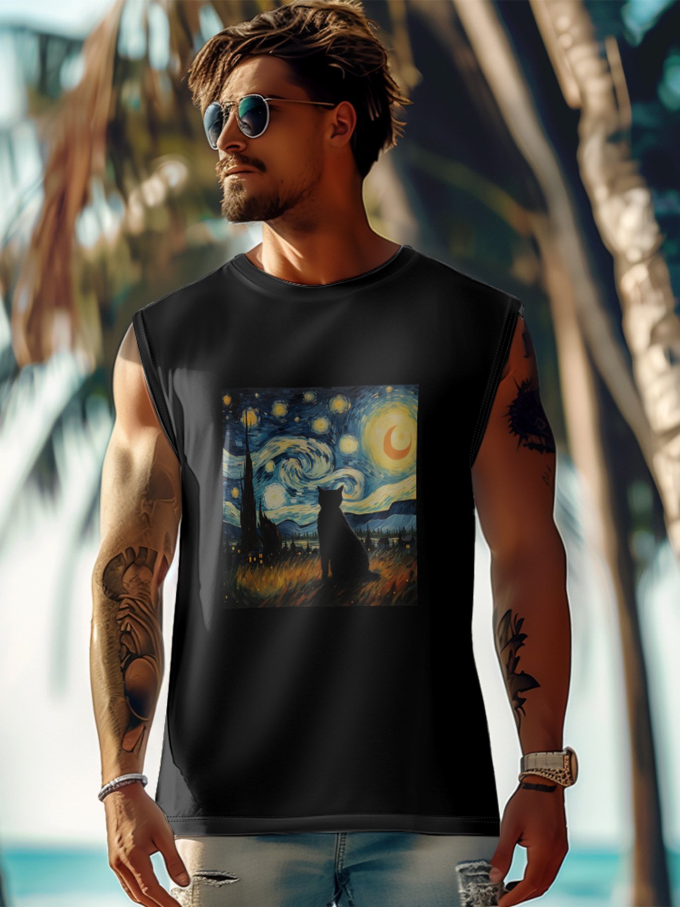 Mens Crewneck Tank Tops Van Gogh Starry Night Black Cat Beach Sleeveless Shirt