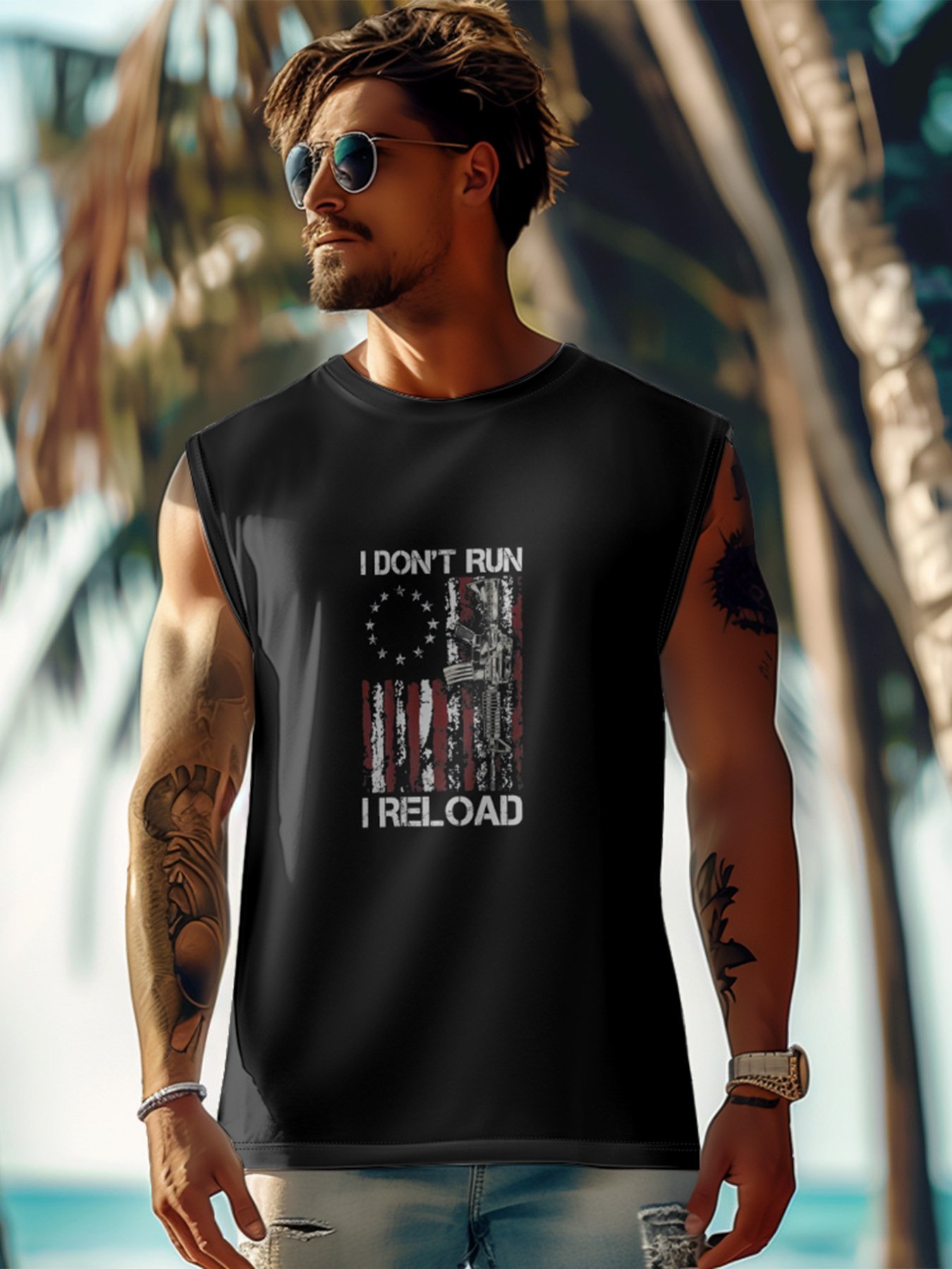 Mens Crewneck Tank Tops American Flag Beach Sleeveless Shirt