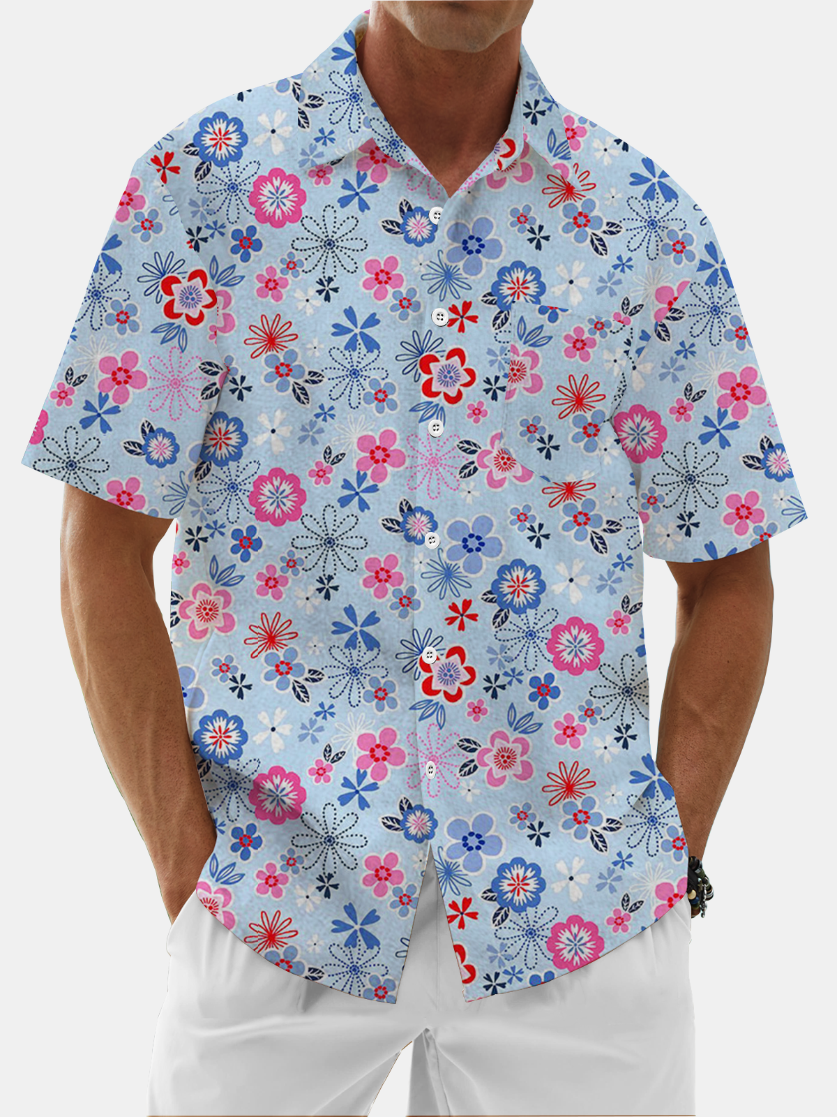 Moisture Wicking Floral Chest Pocket Hawaiian Shirt