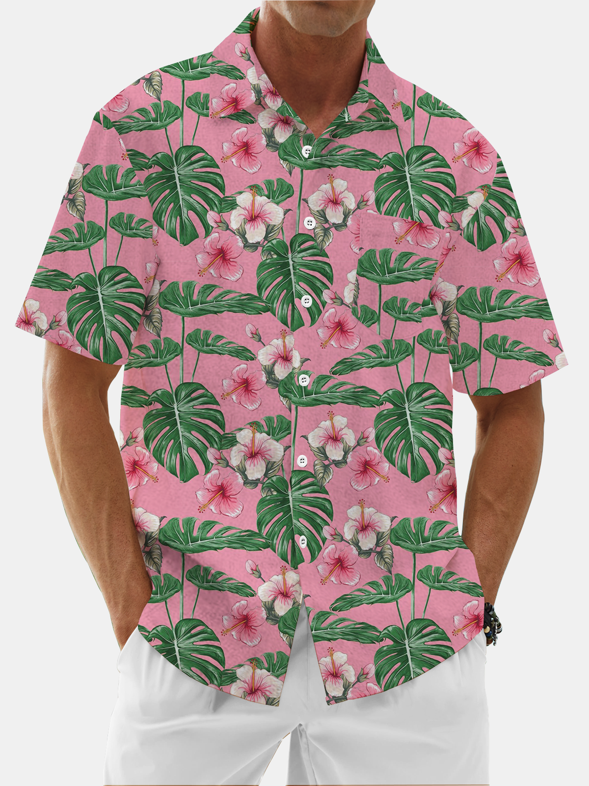 Moisture Wicking Tropical Floral Chest Pocket Hawaiian Shirt