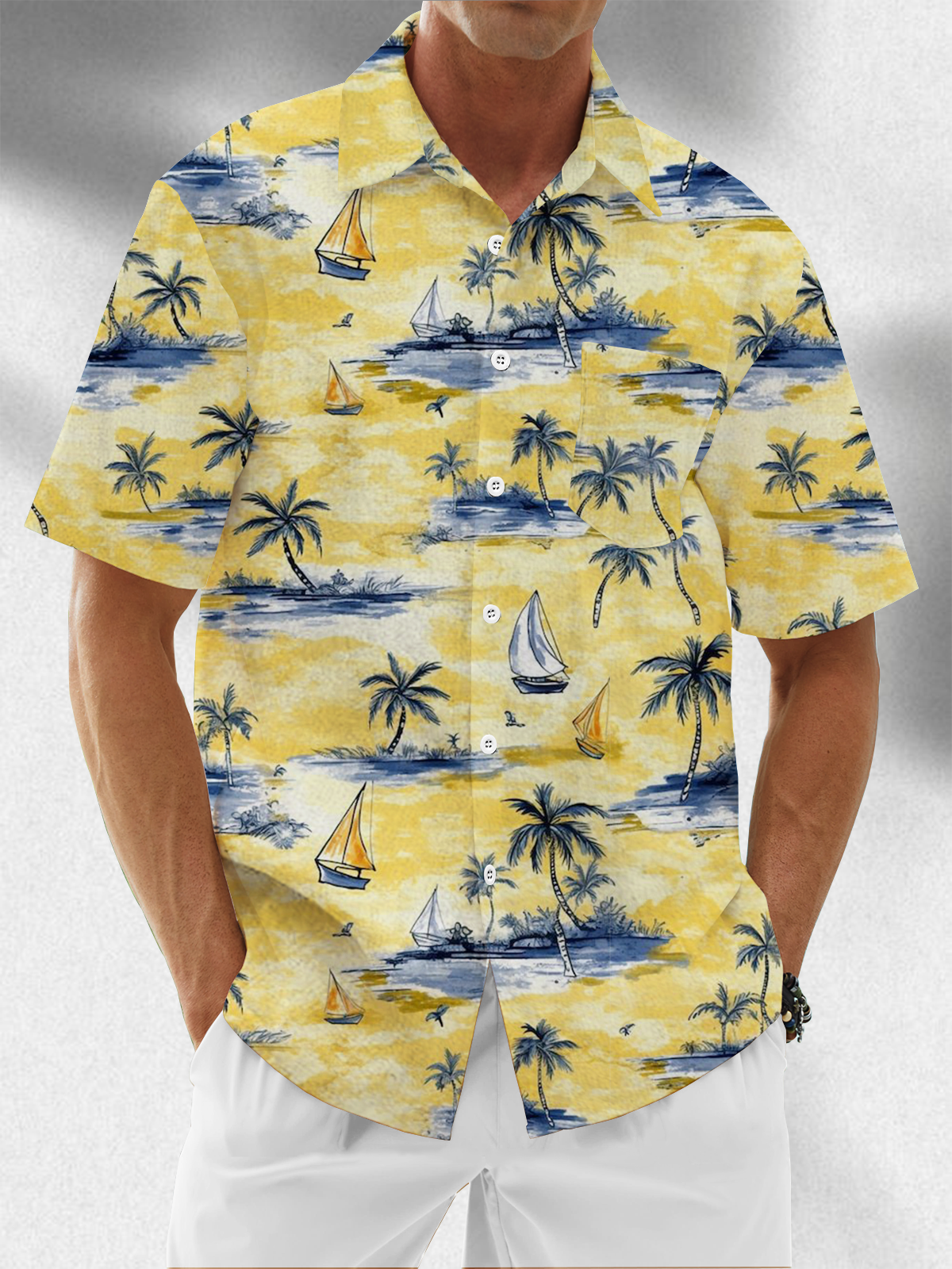 Moisture Wicking Tropical Coconut Tree Chest Pocket Hawaiian Shirt