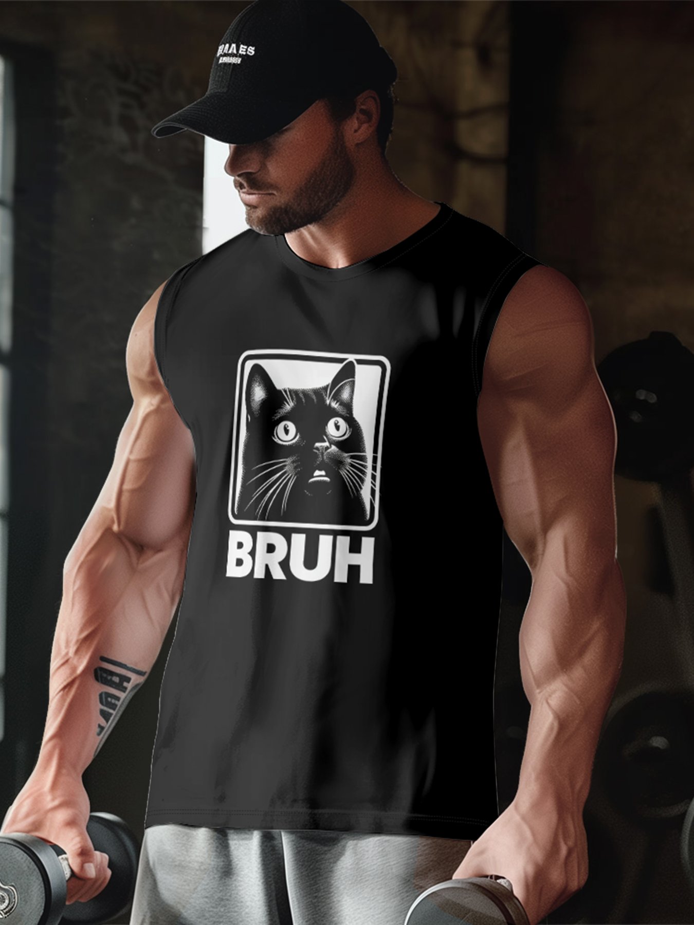 Mens Crewneck Tank Tops Cat BRUH Beach Sleeveless Shirt