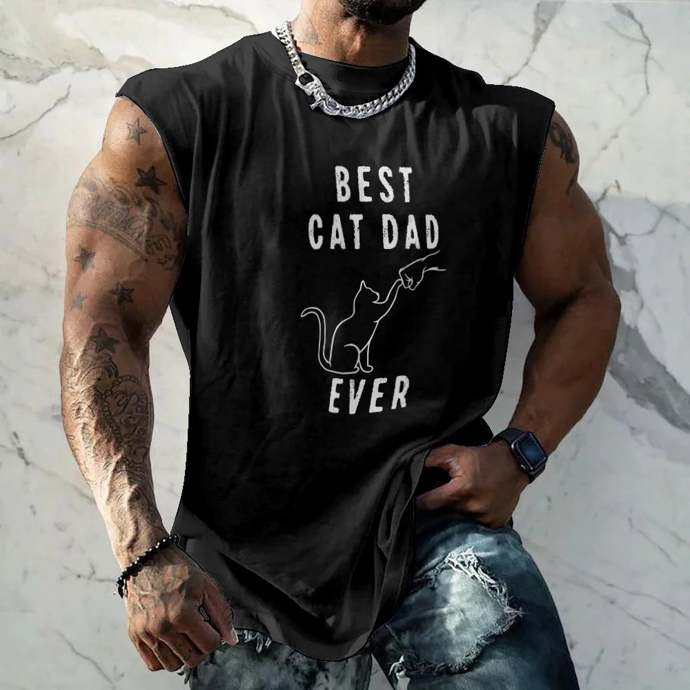 Mens Crewneck Tank Tops Father‘s Day Cat Dad Beach Sleeveless Shirt