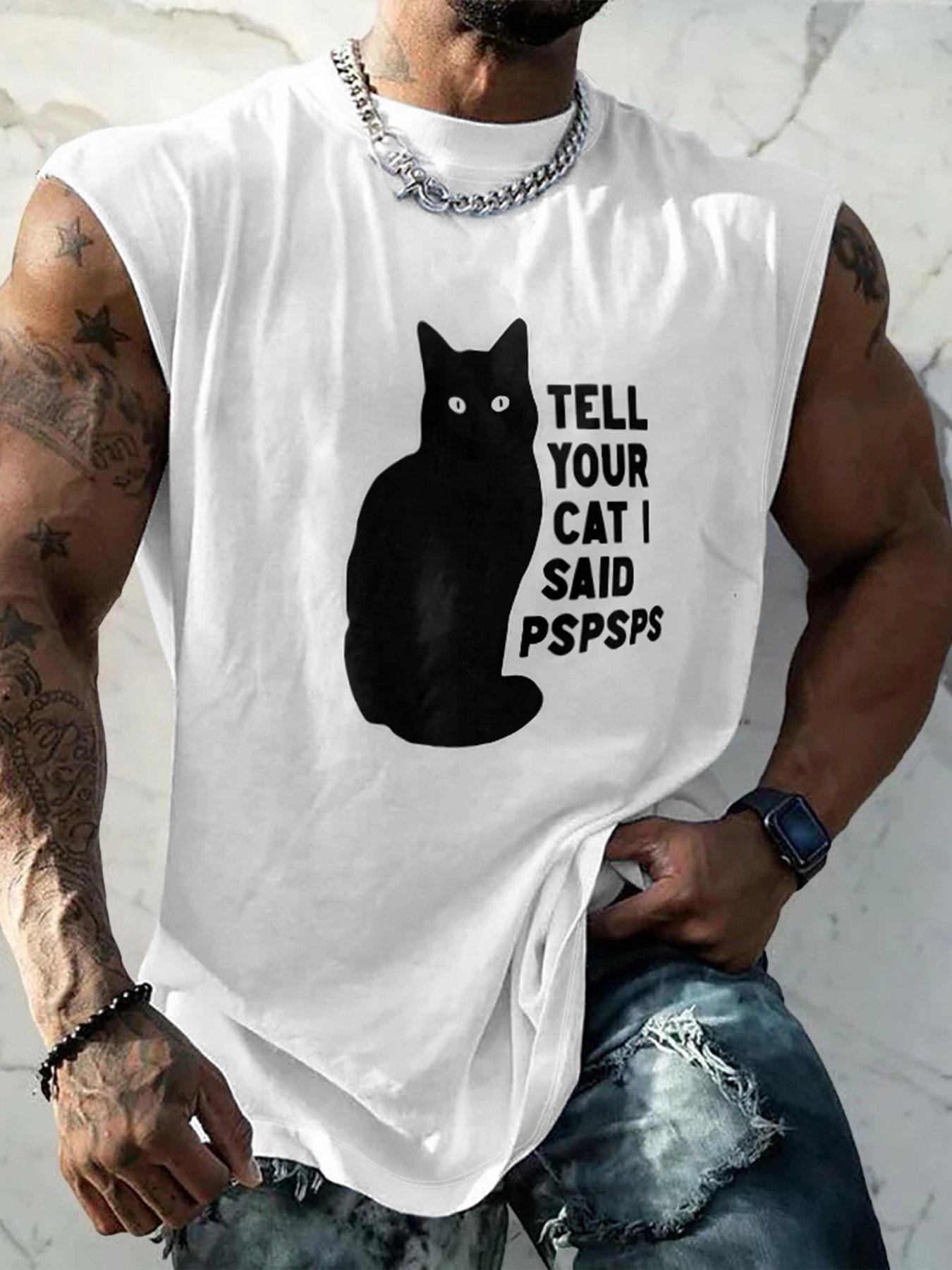 Mens Crewneck Tank Tops Black Cat Beach Sleeveless Shirt