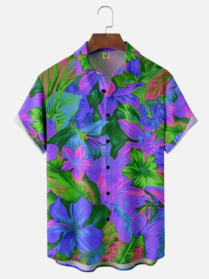 Tall Size Moisture-wicking Floral Chest Pocket Hawaiian Shirt