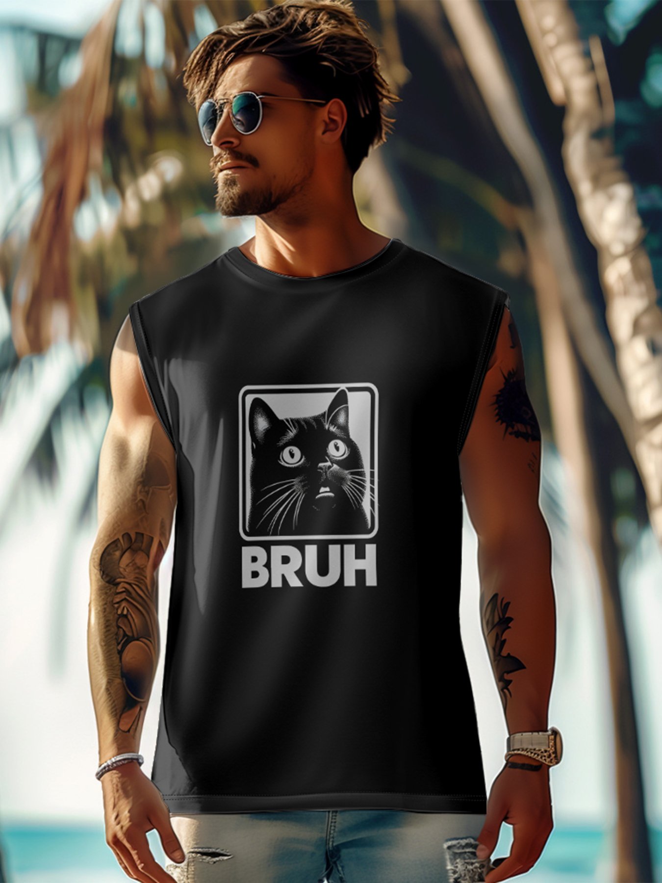 Mens Crewneck Tank Tops Cat BRUH Beach Sleeveless Shirt