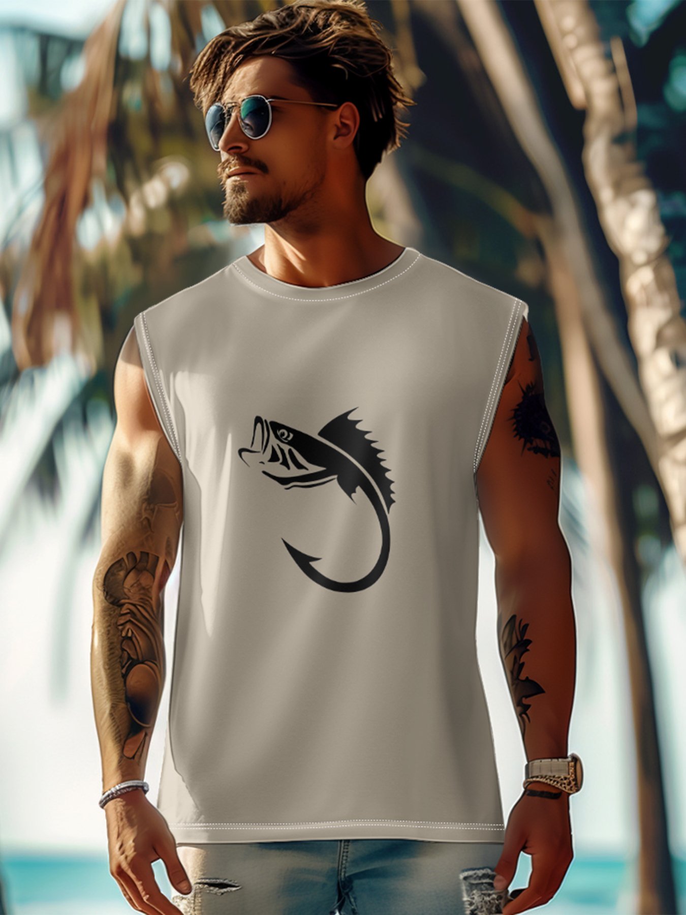 Mens Crewneck Tank Tops Fishhook Beach Sleeveless Shirt
