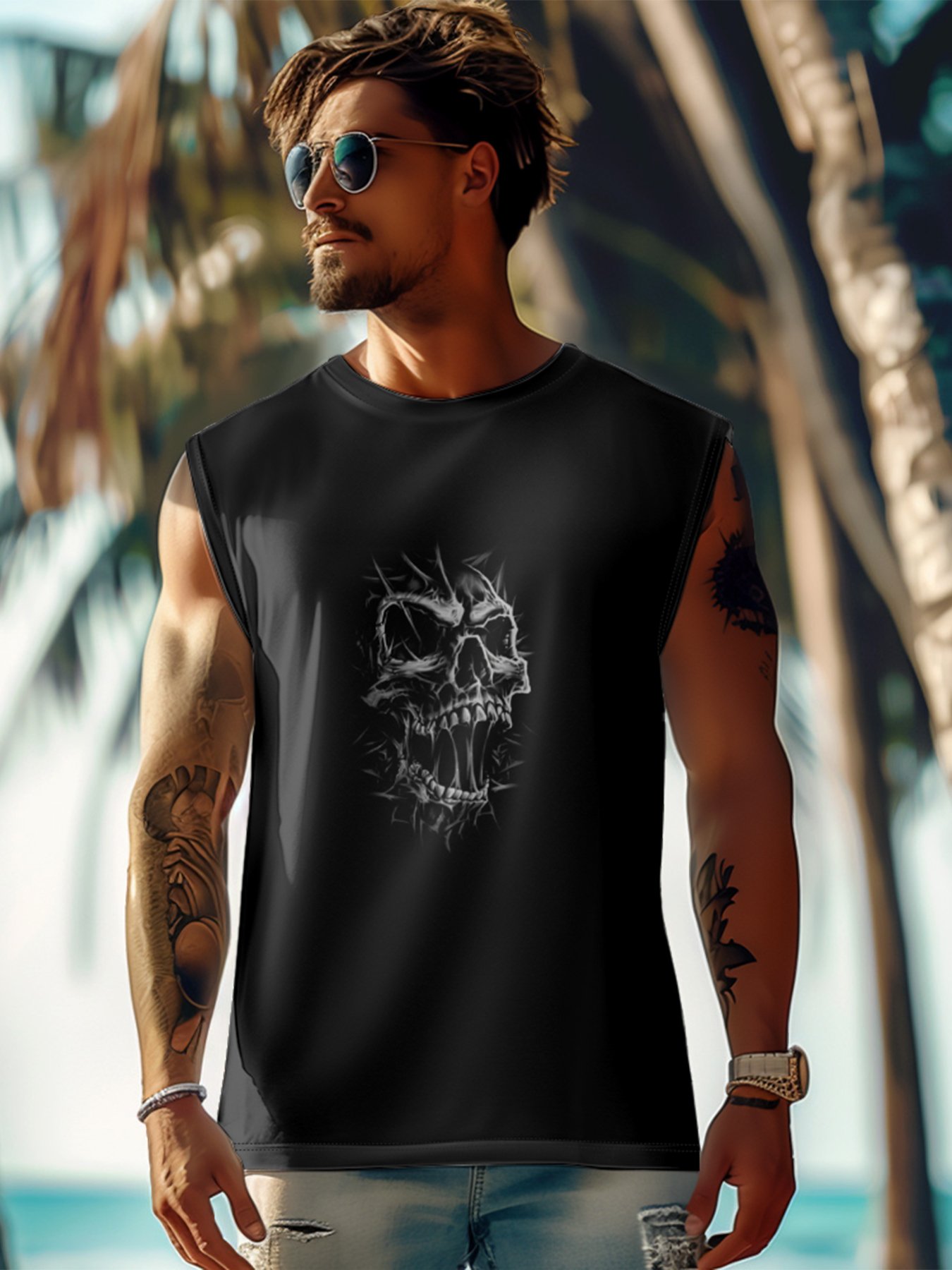 Mens Crewneck Tank Tops Rock Music Skull Beach Sleeveless Shirt