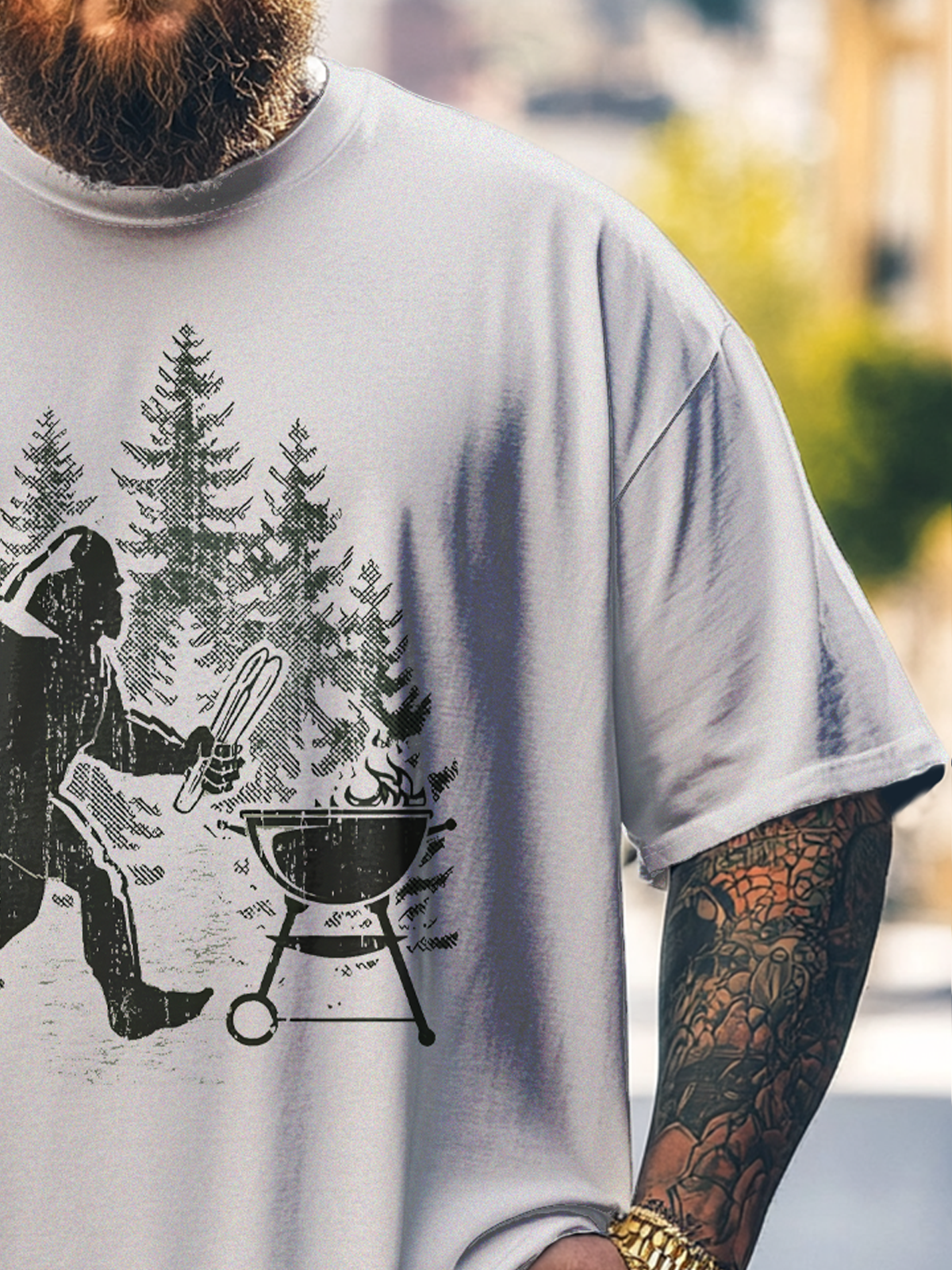 Big Size Men's Bigfoot BBQ Party Loose T-shirt