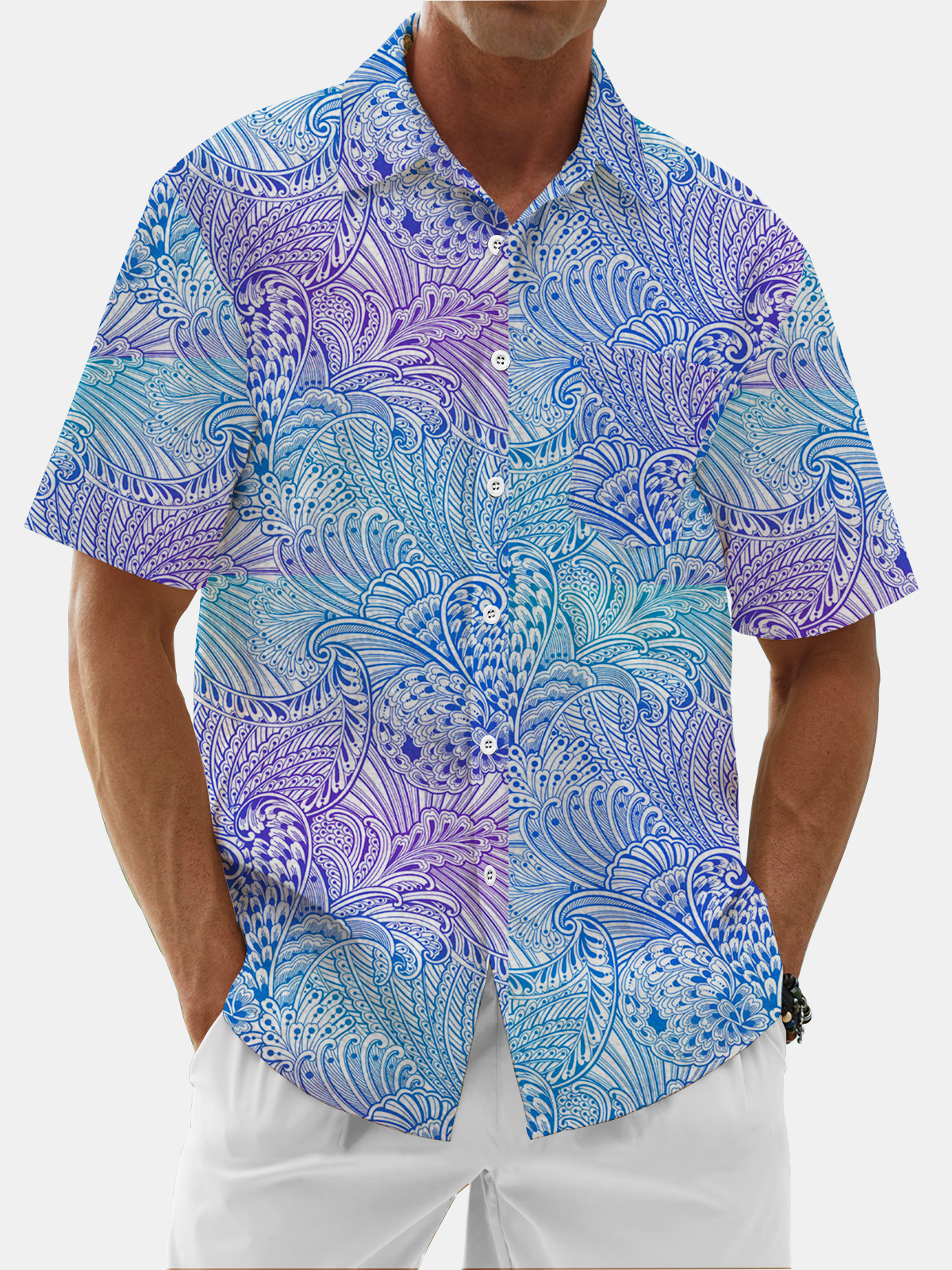 Moisture Wicking Gradient Botanical Print Chest Pocket Hawaiian Shirt
