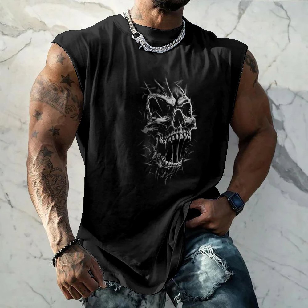 Mens Crewneck Tank Tops Rock Music Skull Beach Sleeveless Shirt