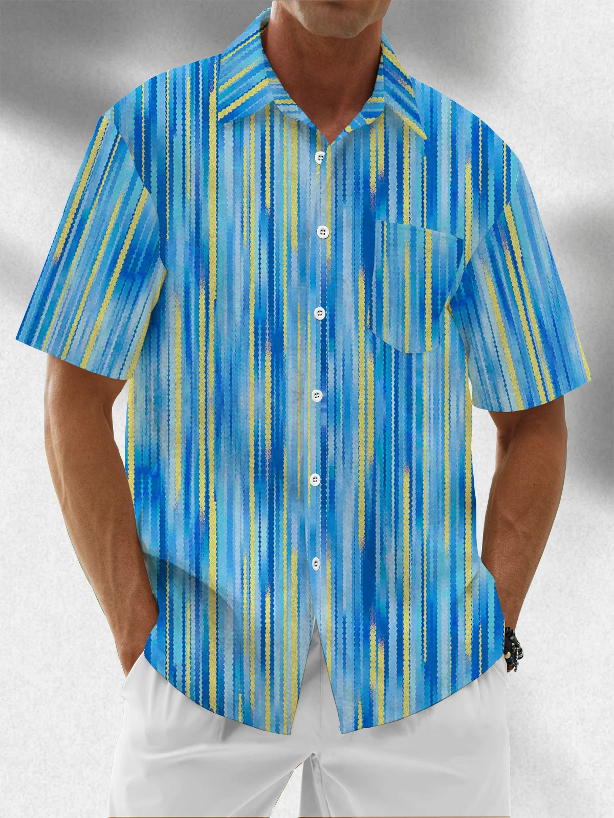 Moisture Wicking Gradient Stripes Chest Pocket Hawaiian Shirt