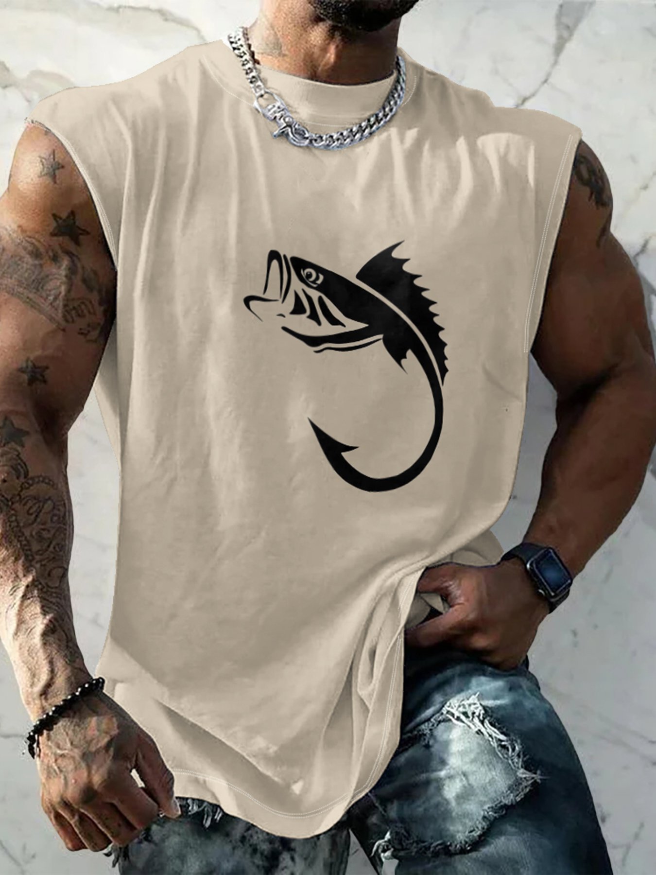 Mens Crewneck Tank Tops Fishhook Beach Sleeveless Shirt
