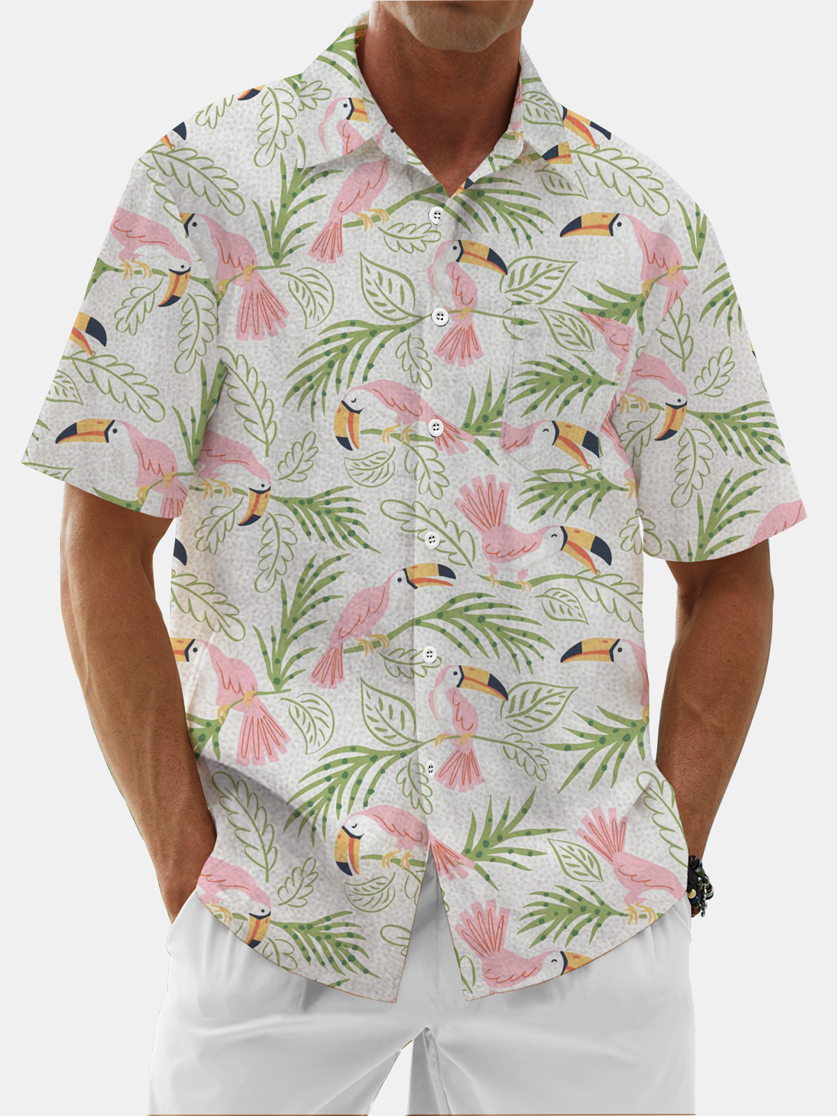 Moisture Wicking Tropical Plants Toucan Chest Pocket Hawaiian Shirt
