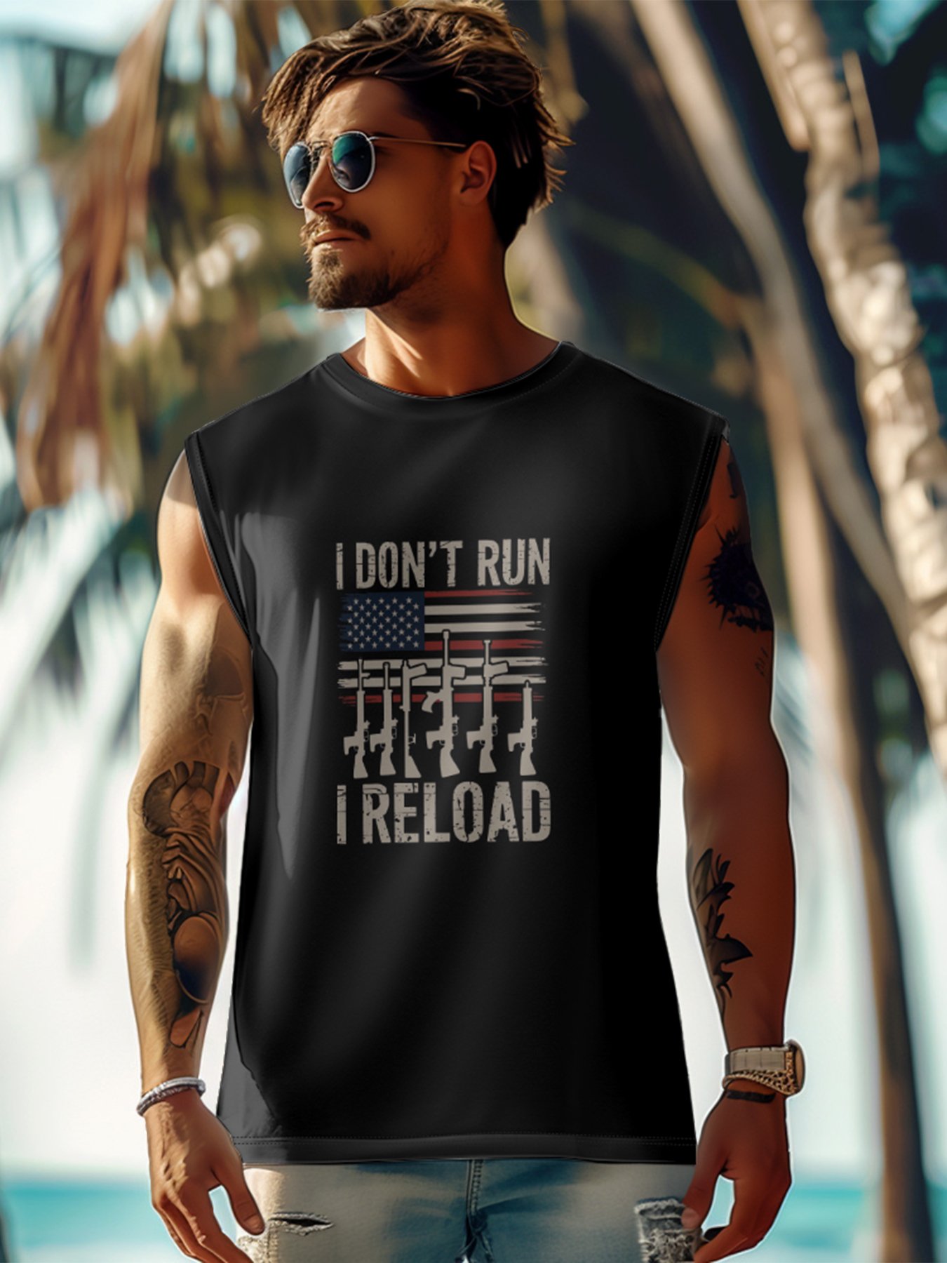 Mens Crewneck Tank Tops I Dont Run I Reload Beach Sleeveless Shirt