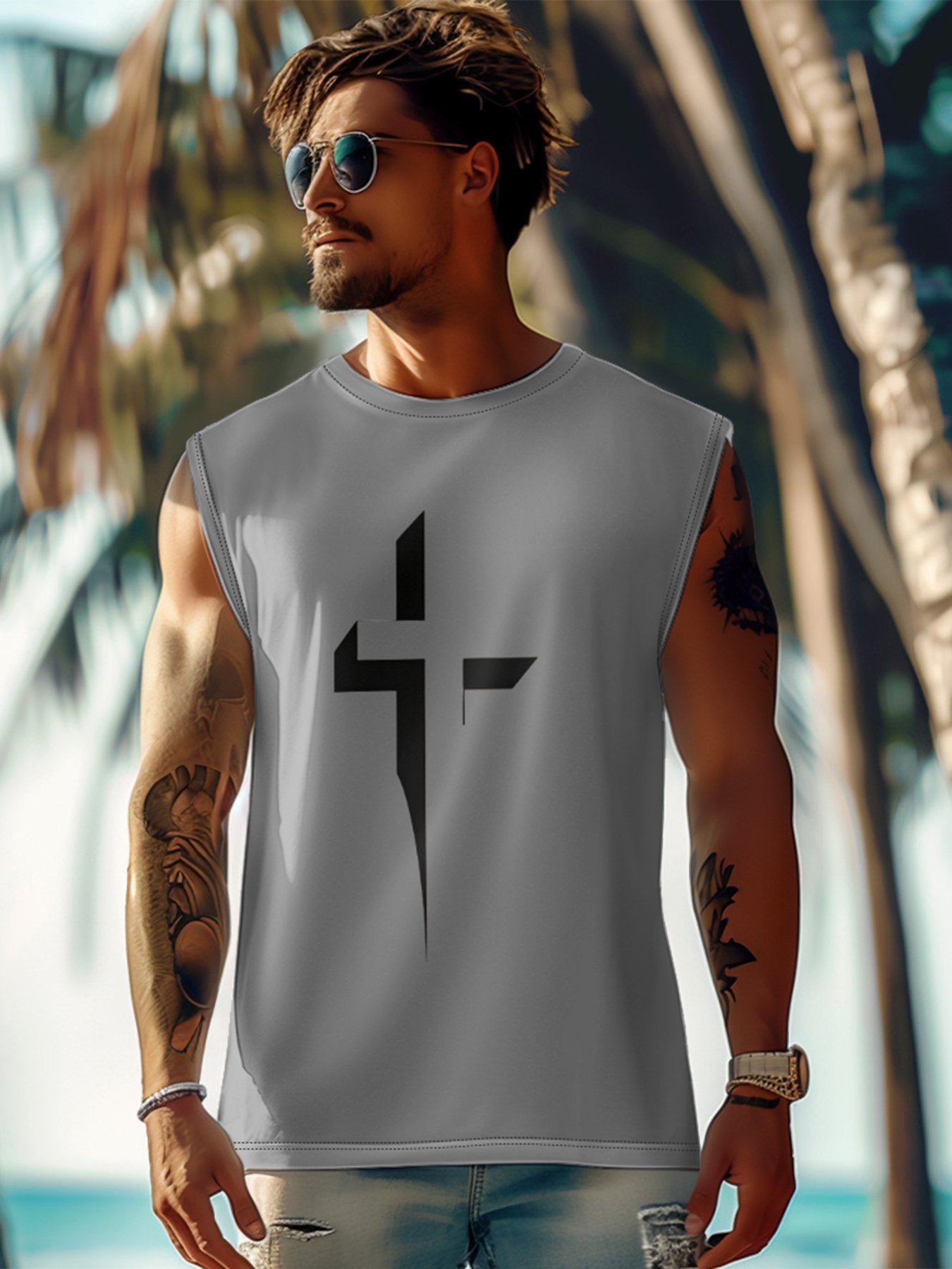 Mens Crewneck Tank Tops Jesus Cross Beach Sleeveless Shirt