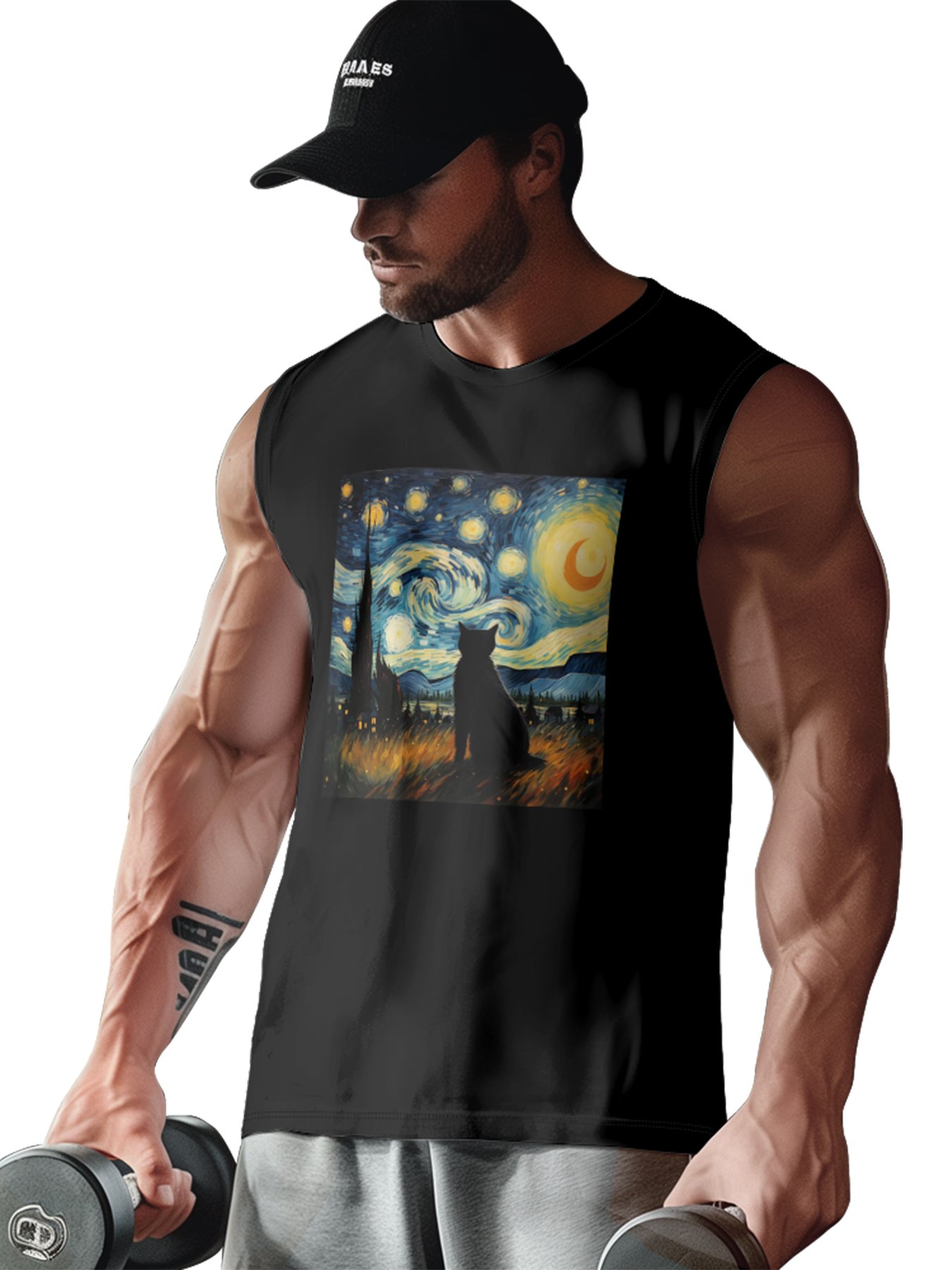 Mens Crewneck Tank Tops Van Gogh Starry Night Black Cat Beach Sleeveless Shirt