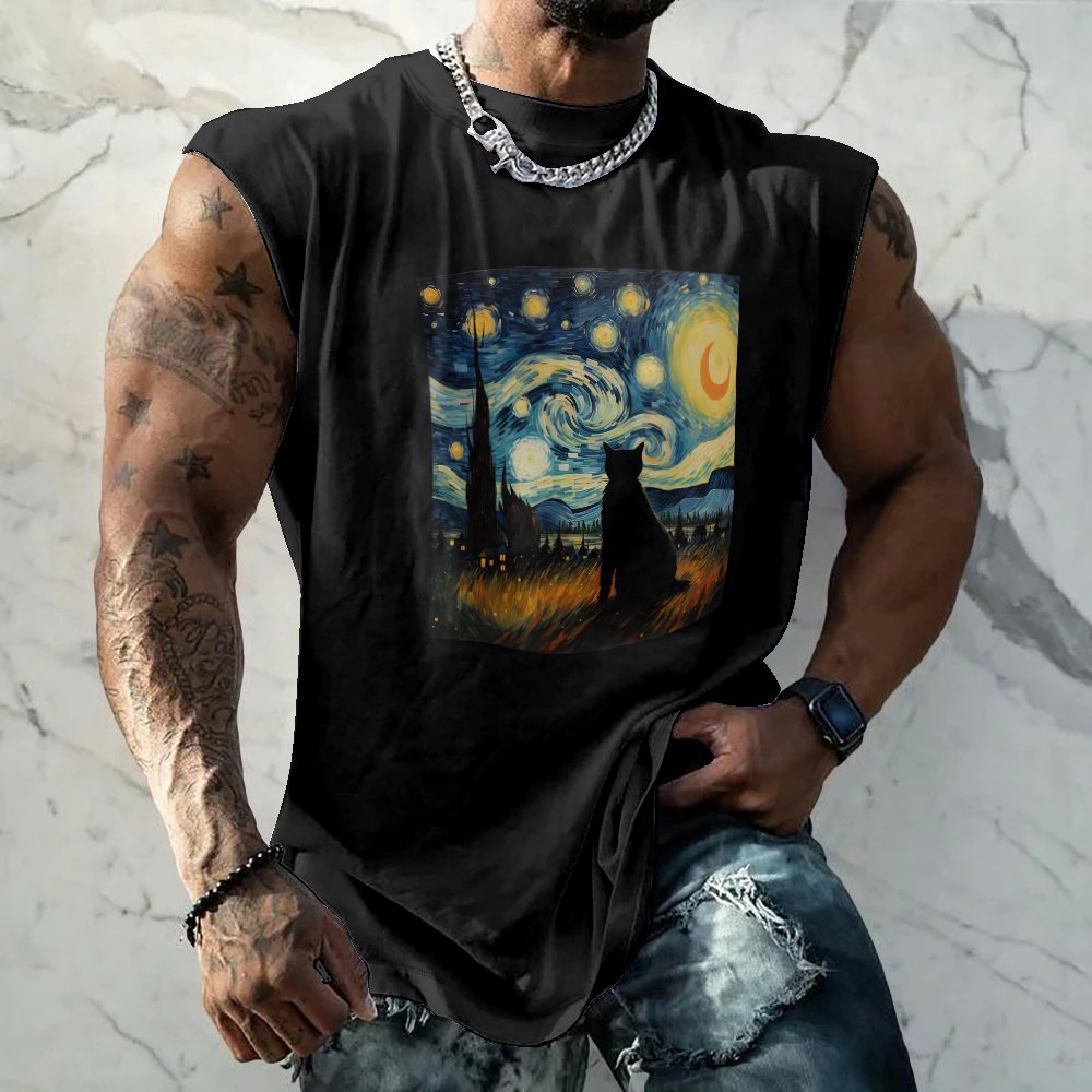 Mens Crewneck Tank Tops Van Gogh Starry Night Black Cat Beach Sleeveless Shirt
