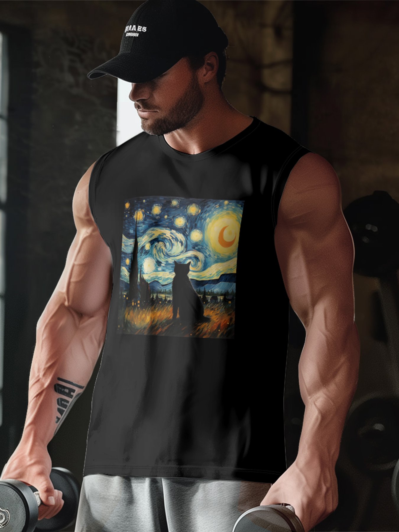 Mens Crewneck Tank Tops Van Gogh Starry Night Black Cat Beach Sleeveless Shirt