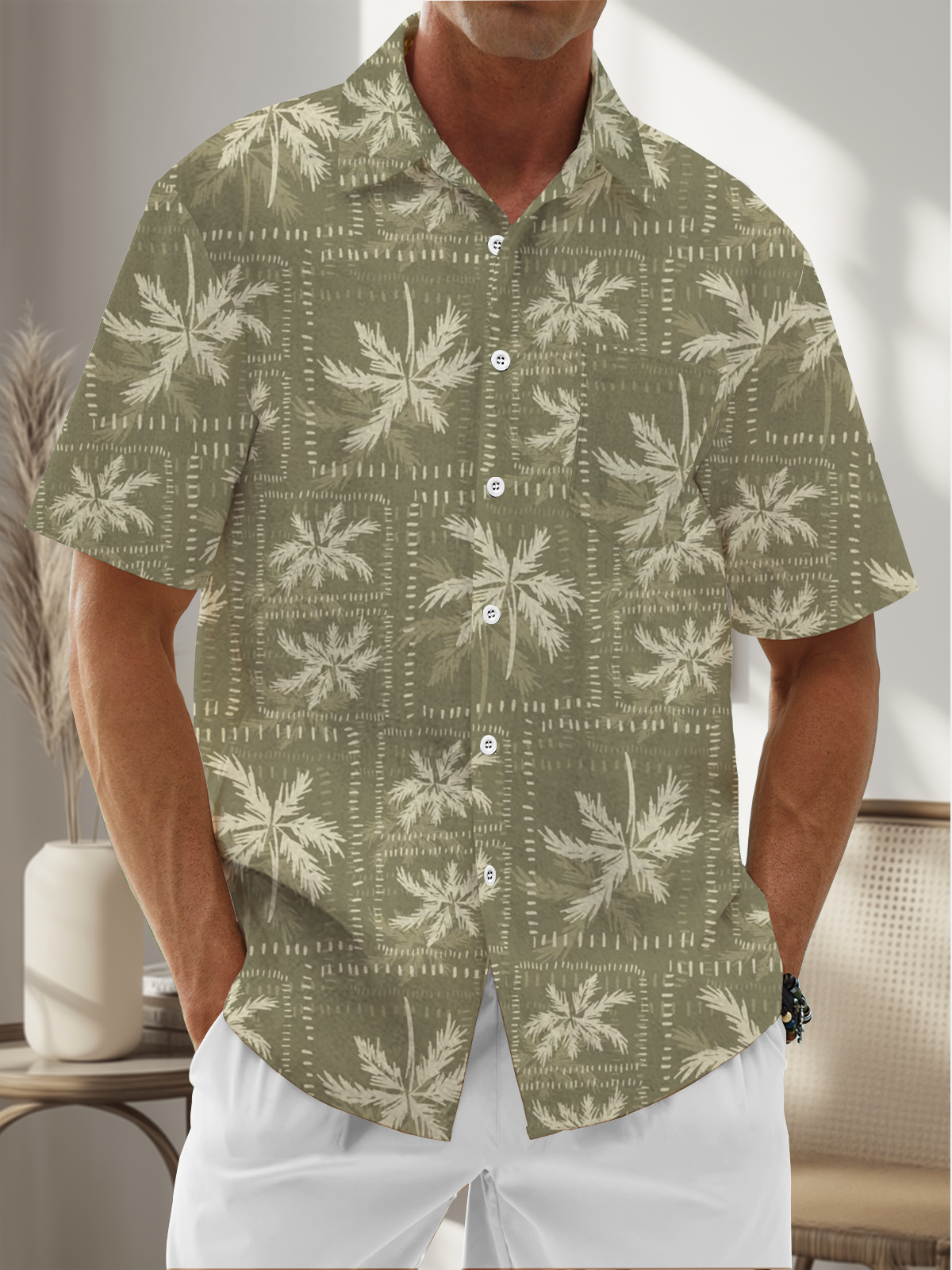 Moisture Wicking Tropical Plants Coconut Tree Chest Pocket Hawaiian Shirt