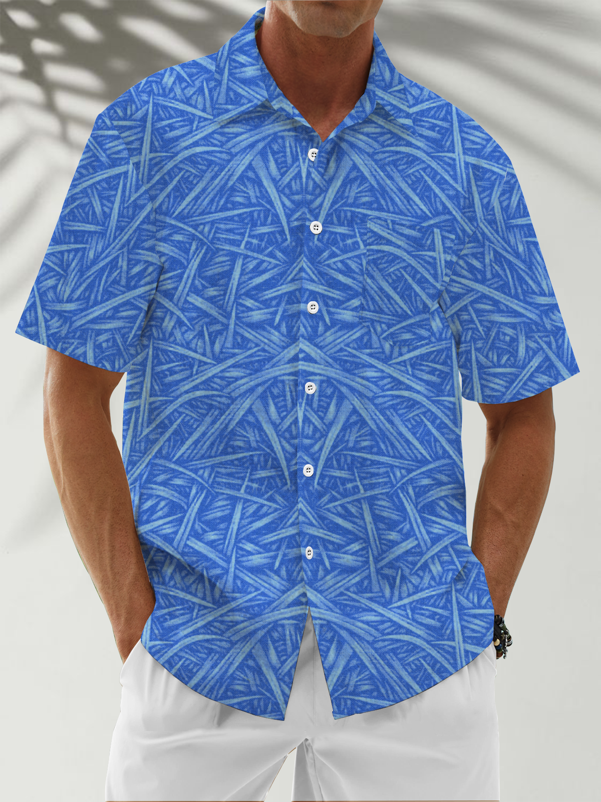 Moisture Wicking Plant Leaves Chest Pocket Hawaiian Shirt