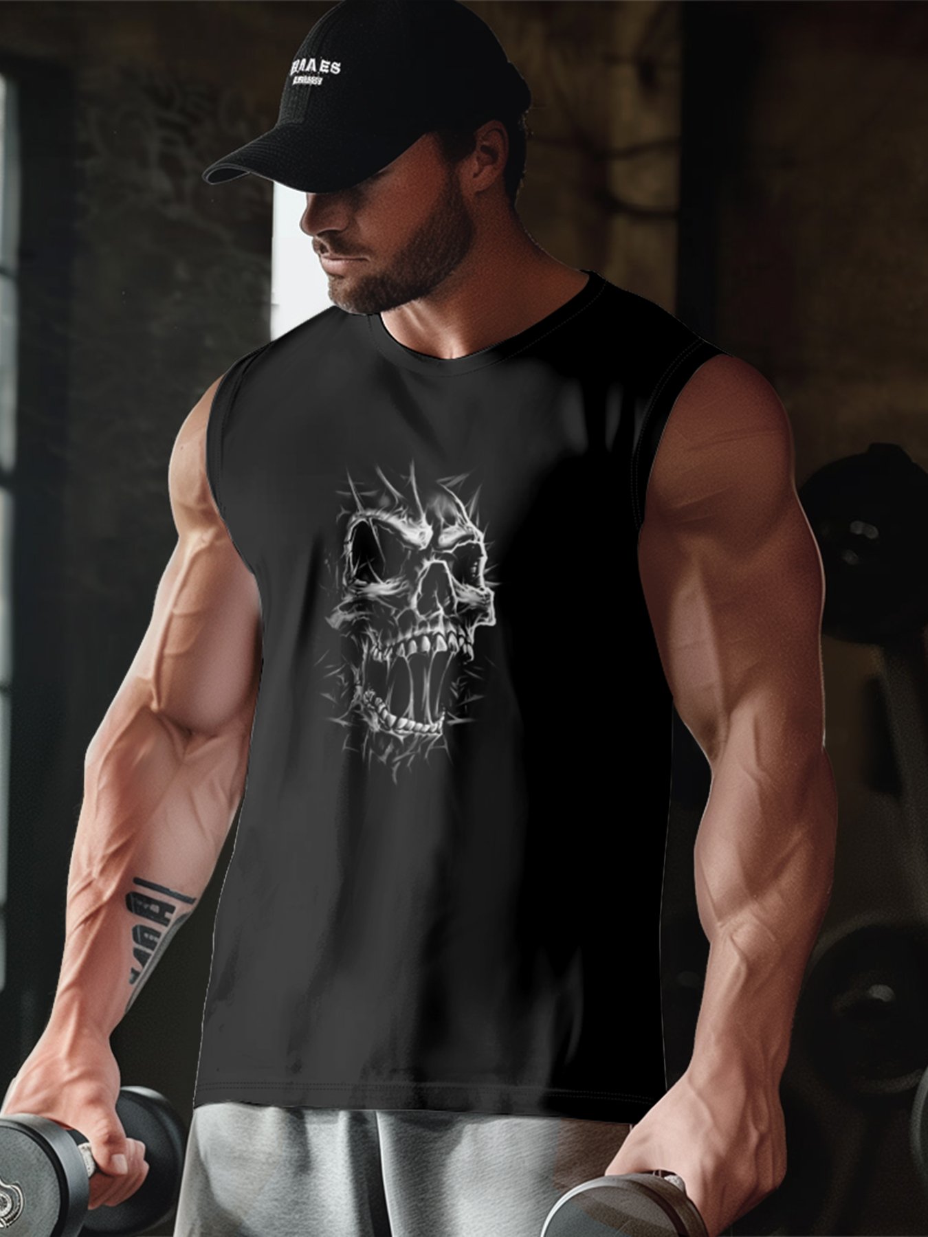 Mens Crewneck Tank Tops Rock Music Skull Beach Sleeveless Shirt