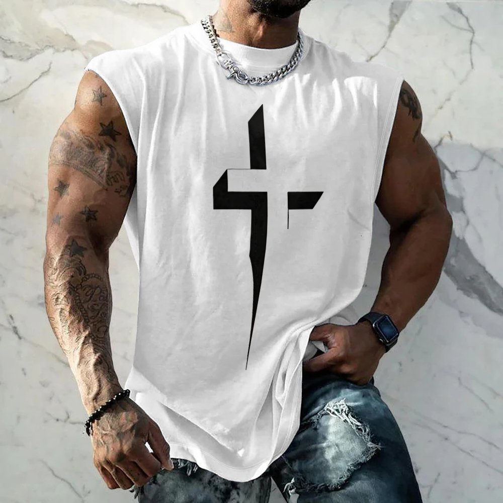Mens Crewneck Tank Tops Jesus Cross Beach Sleeveless Shirt