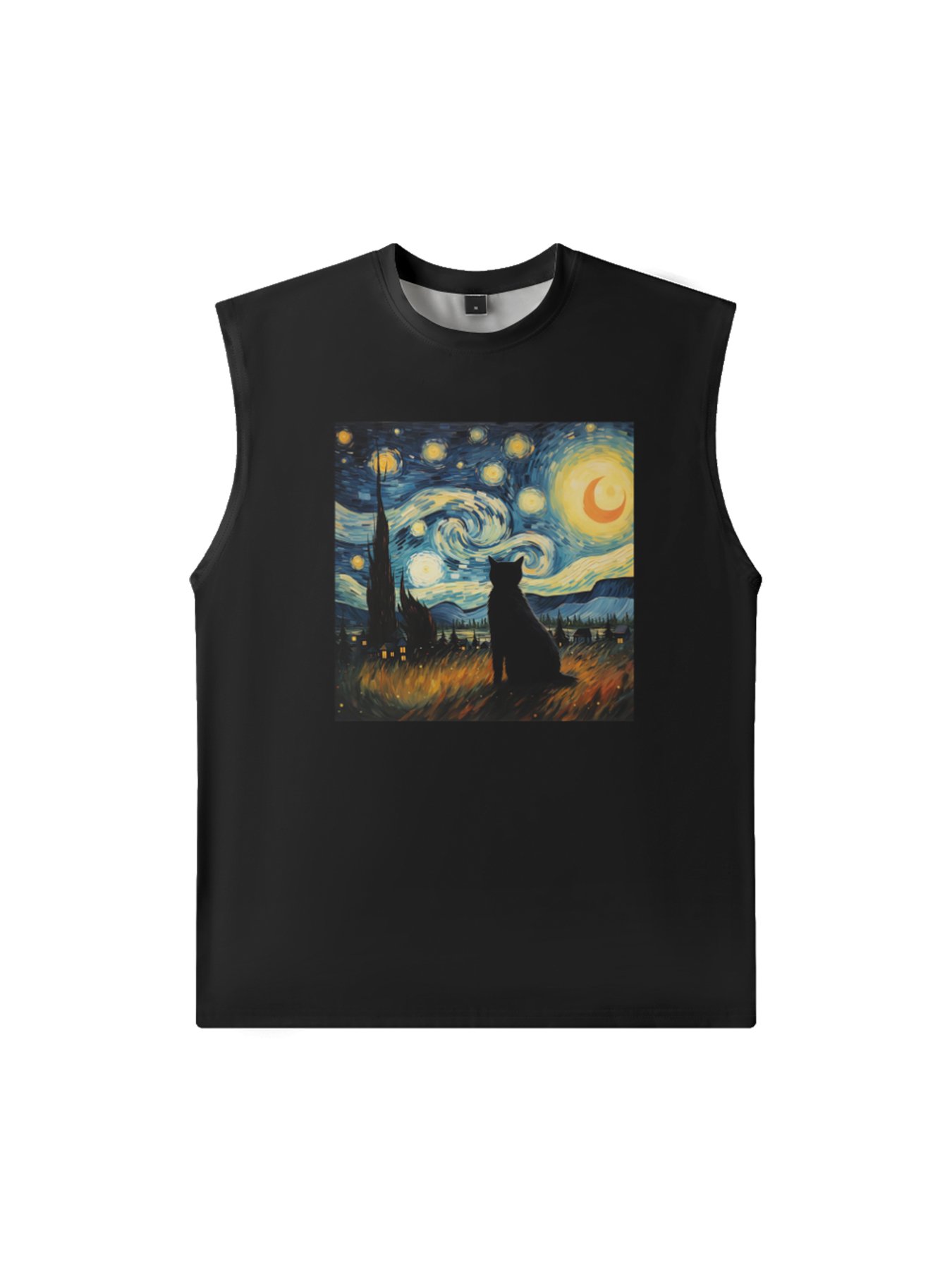Mens Crewneck Tank Tops Van Gogh Starry Night Black Cat Beach Sleeveless Shirt