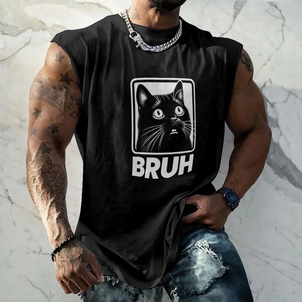 Mens Crewneck Tank Tops Cat BRUH Beach Sleeveless Shirt