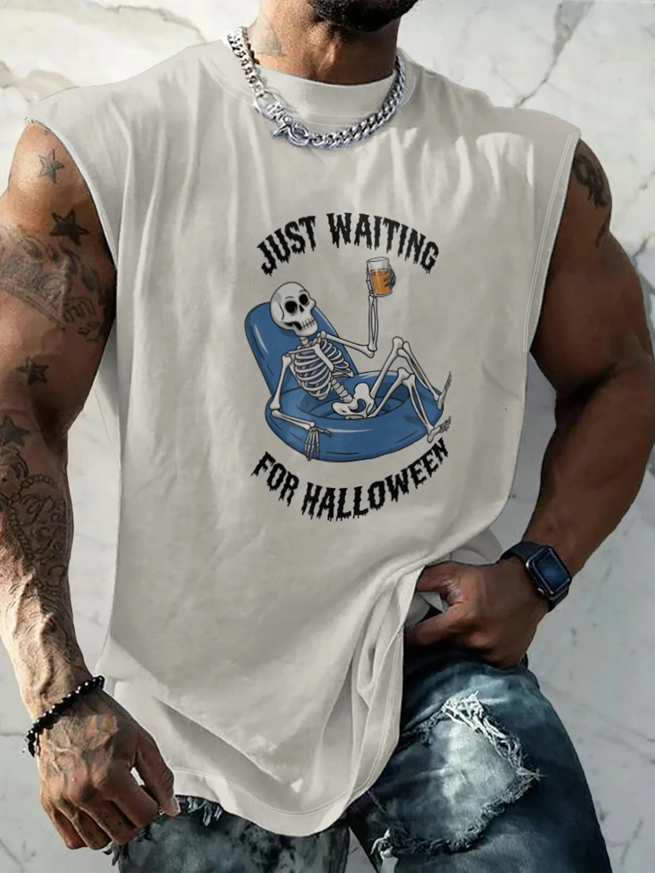 Mens Crewneck Tank Tops Halloween Skull Beach Sleeveless Shirt