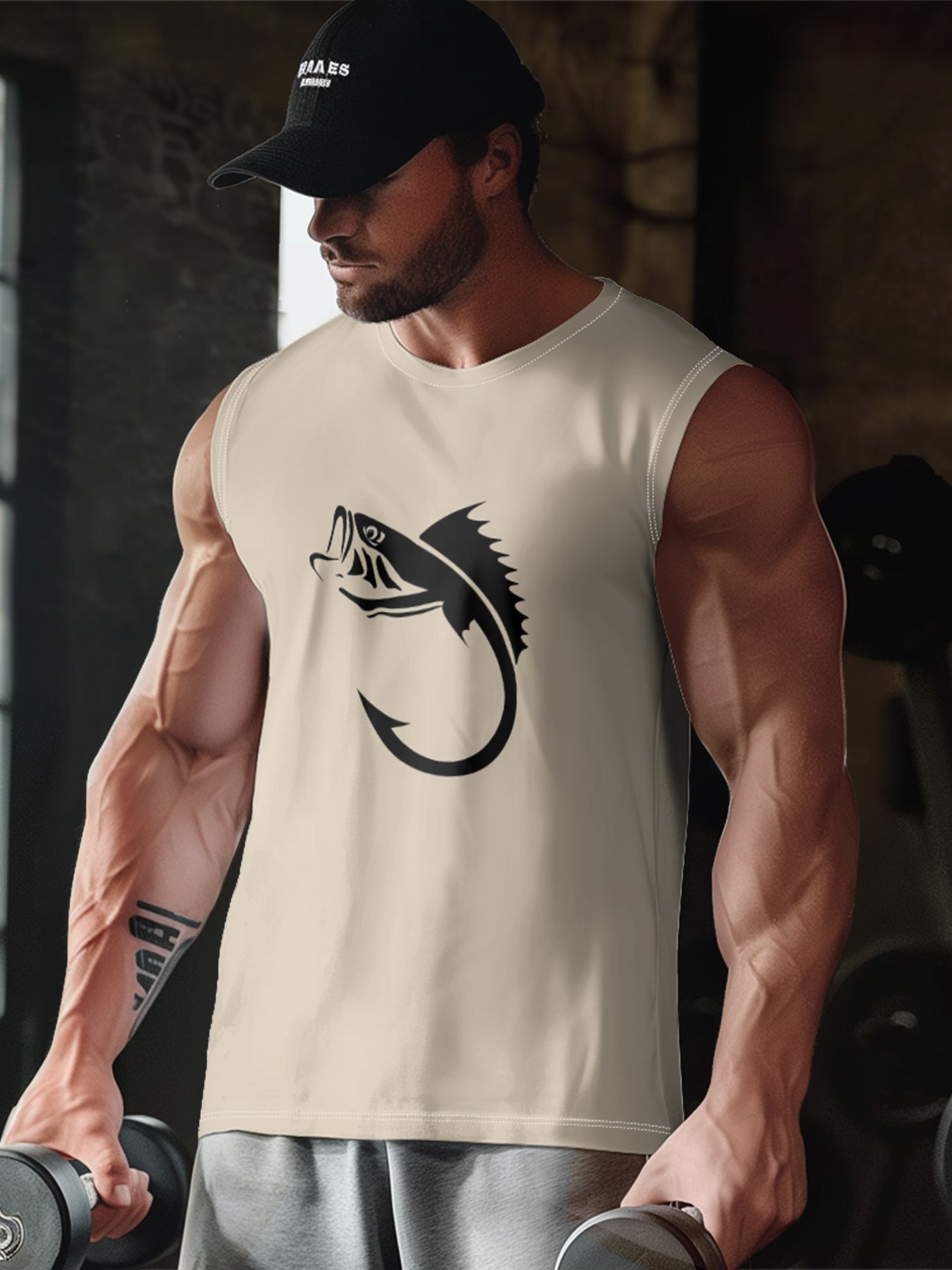 Mens Crewneck Tank Tops Fishhook Beach Sleeveless Shirt