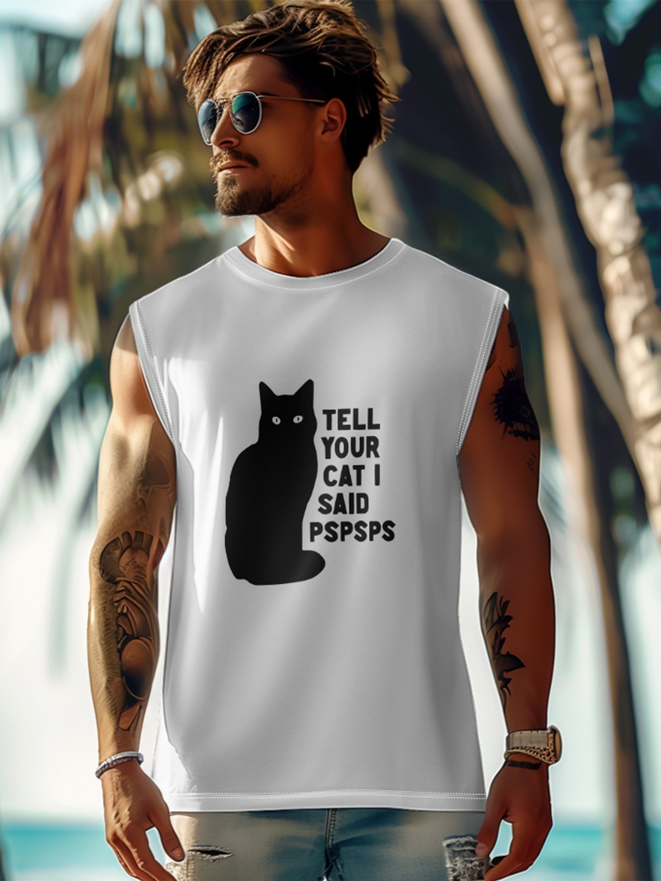 Mens Crewneck Tank Tops Black Cat Beach Sleeveless Shirt
