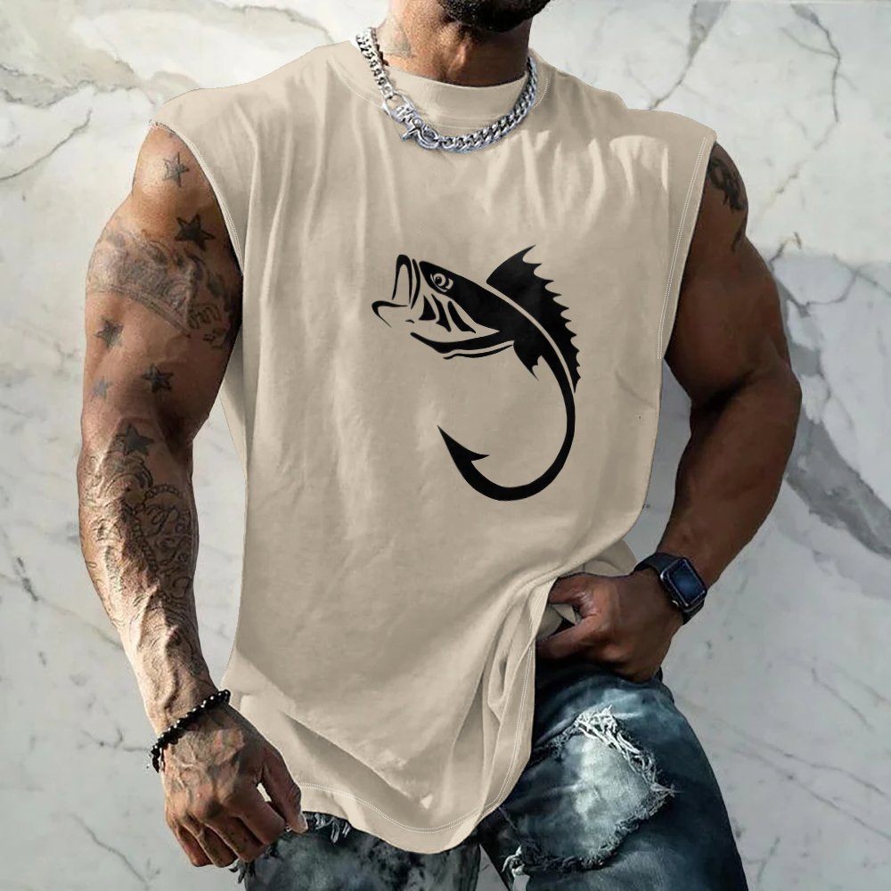 Mens Crewneck Tank Tops Fishhook Beach Sleeveless Shirt