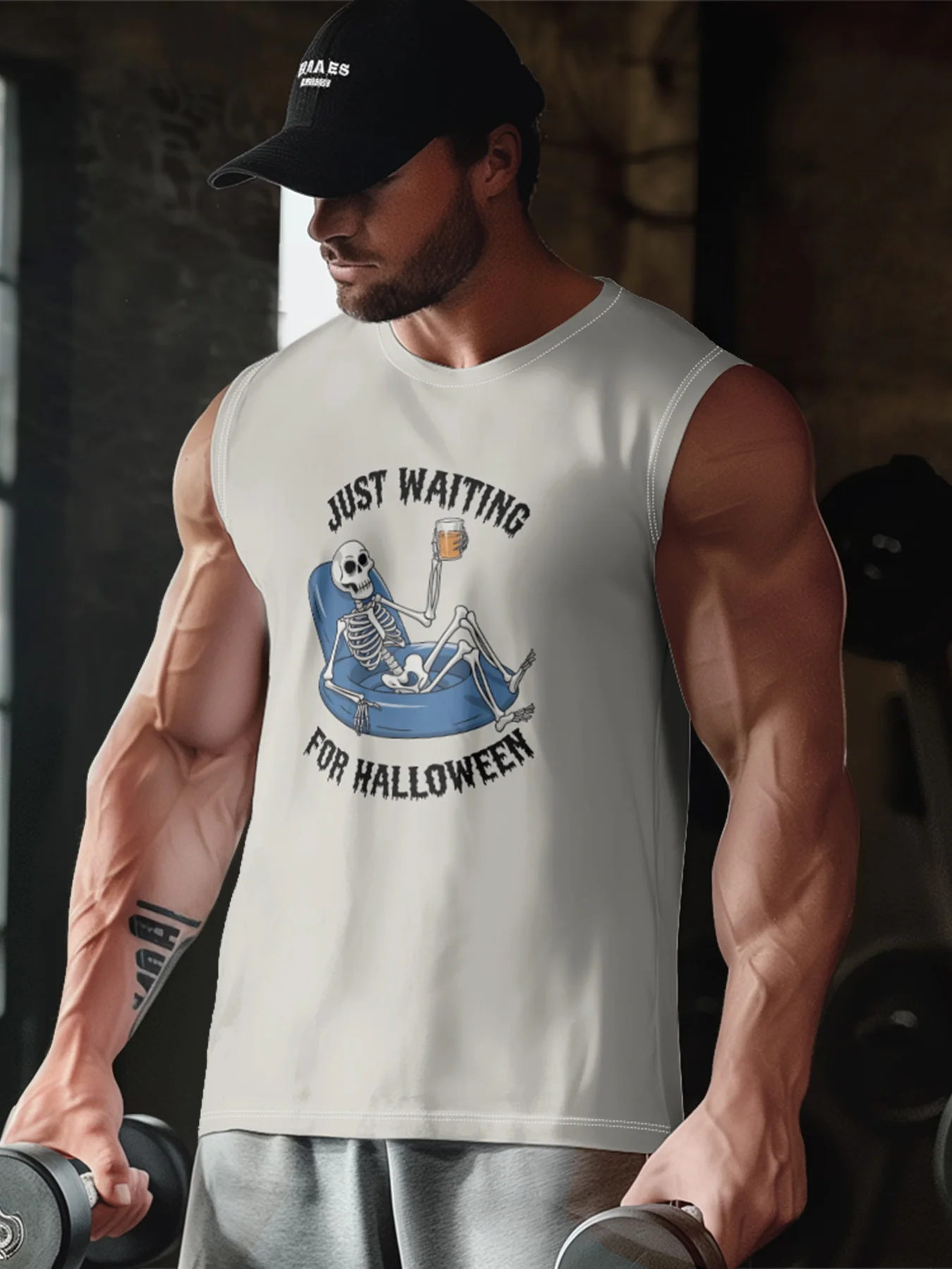 Mens Crewneck Tank Tops Halloween Skull Beach Sleeveless Shirt