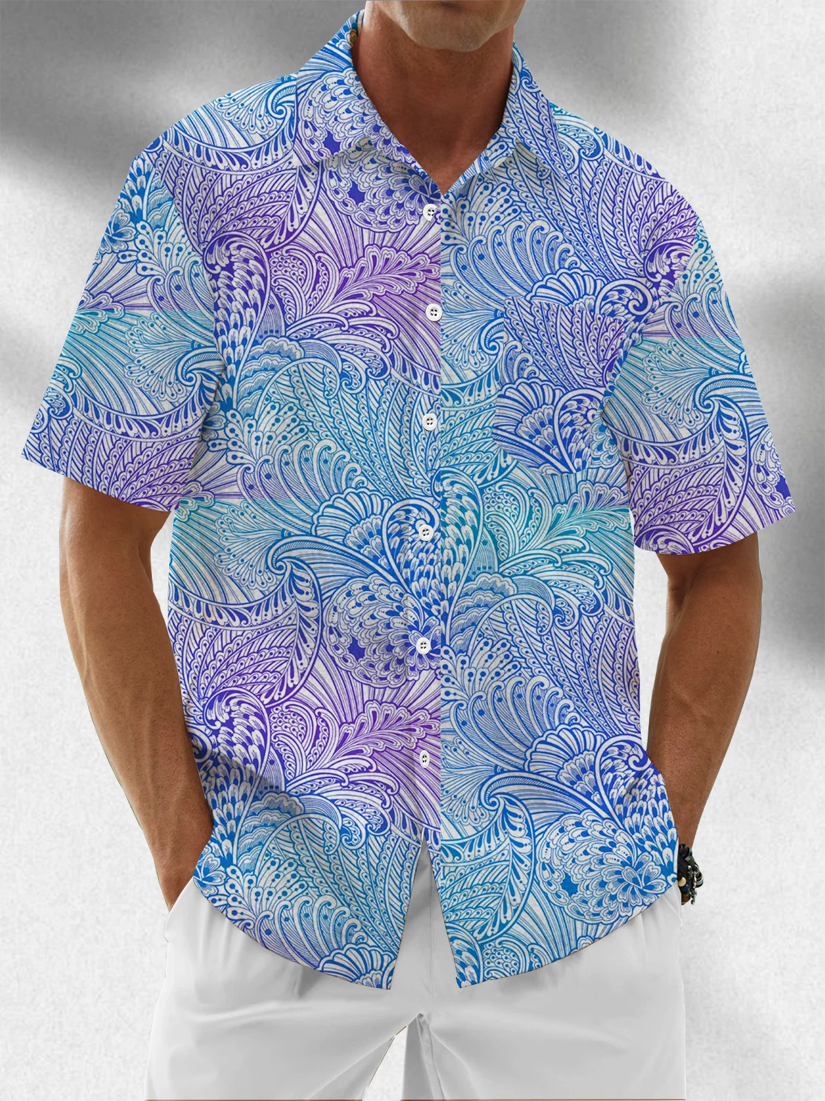 Moisture Wicking Gradient Botanical Print Chest Pocket Hawaiian Shirt