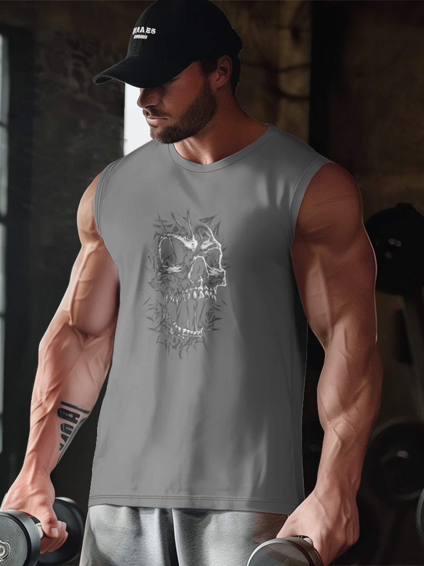 Mens Crewneck Tank Tops Rock Music Skull Beach Sleeveless Shirt