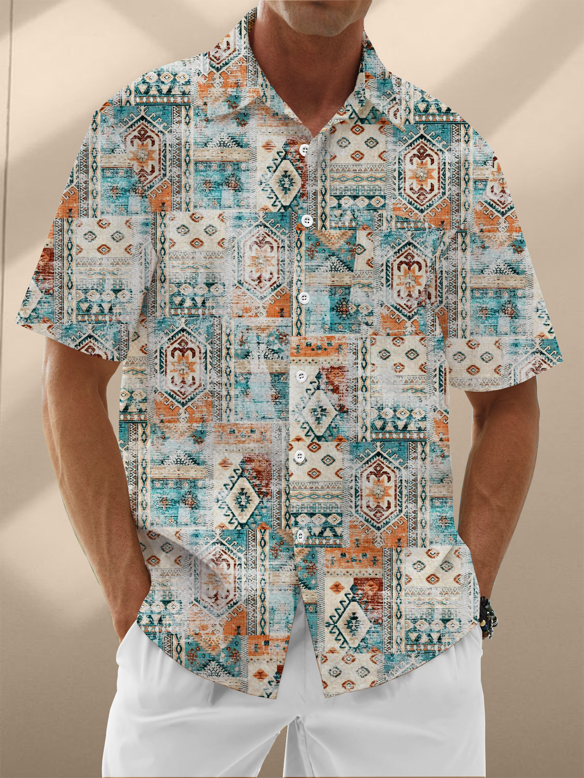 Moisture Wicking Abstract Ethnic Print Chest Pocket Hawaiian Shirt
