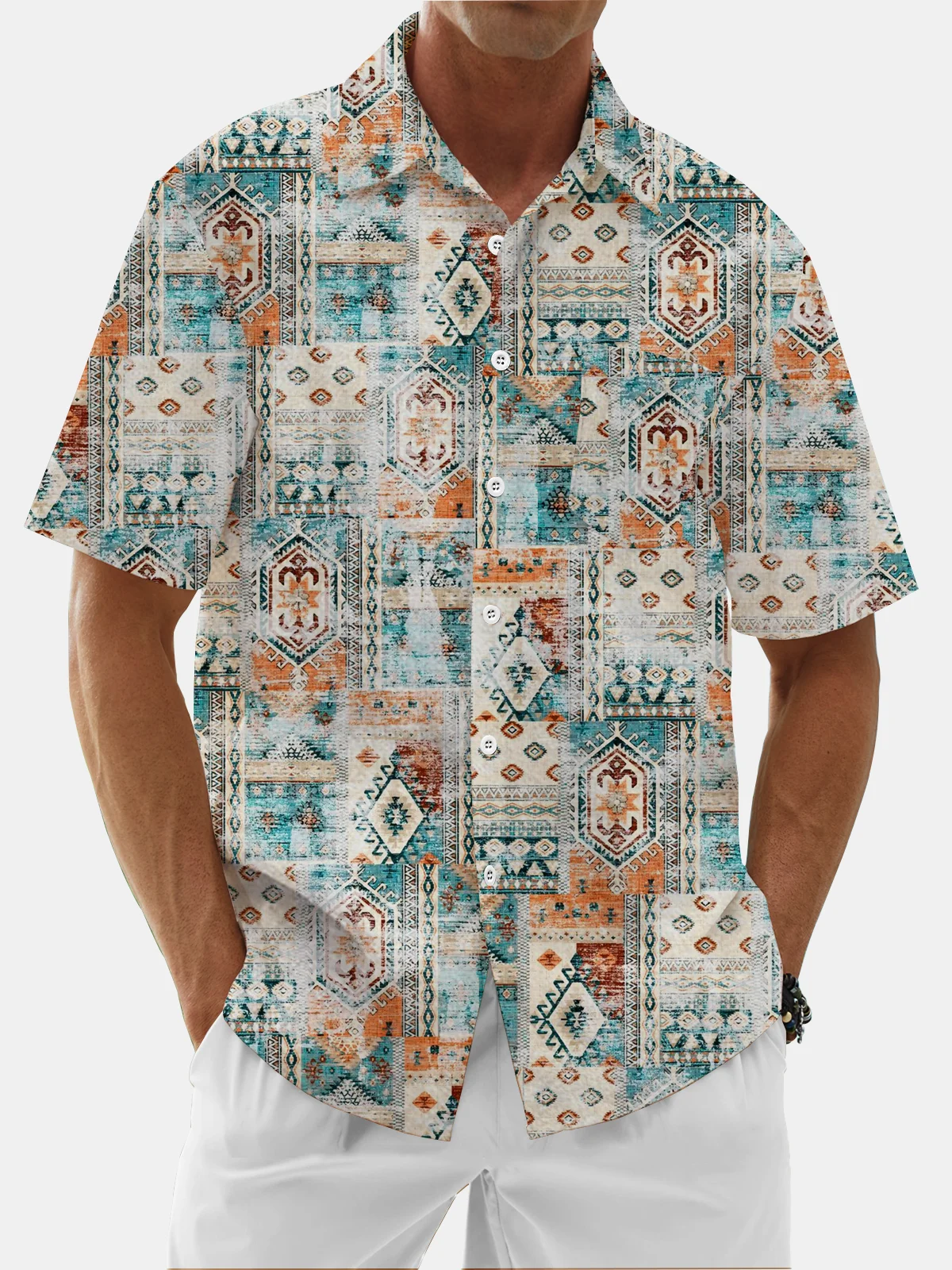 Moisture Wicking Abstract Ethnic Print Chest Pocket Hawaiian Shirt