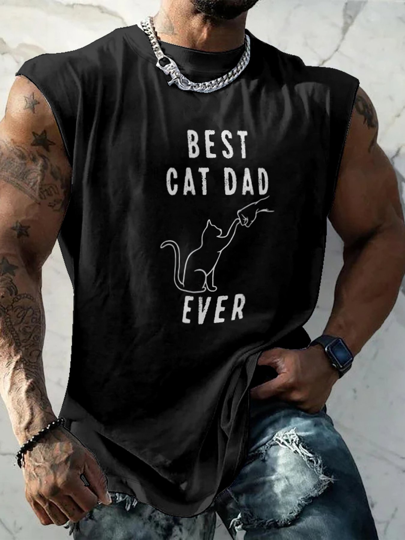 Mens Crewneck Tank Tops Father‘s Day Cat Dad Beach Sleeveless Shirt