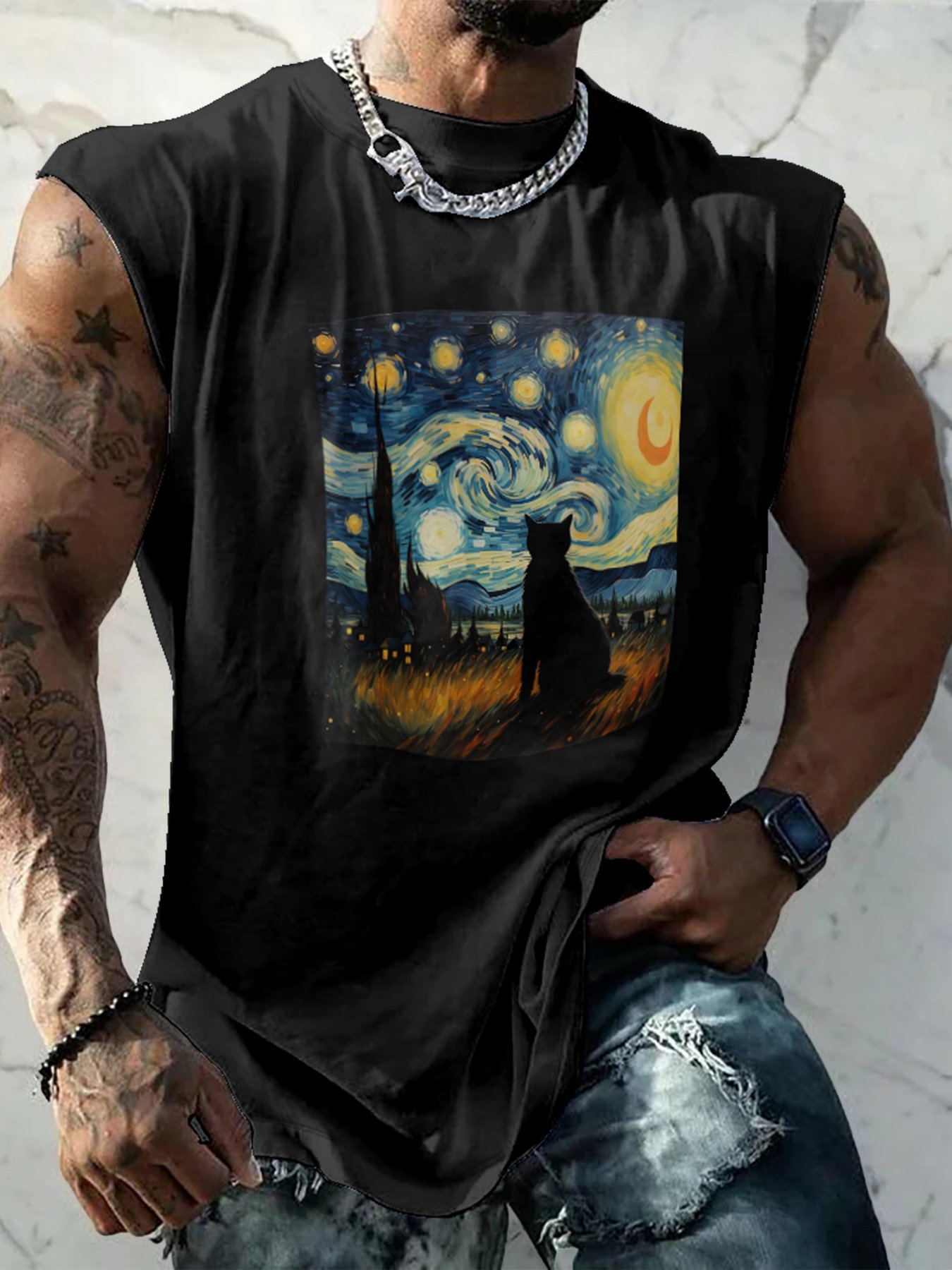 Mens Crewneck Tank Tops Van Gogh Starry Night Black Cat Beach Sleeveless Shirt