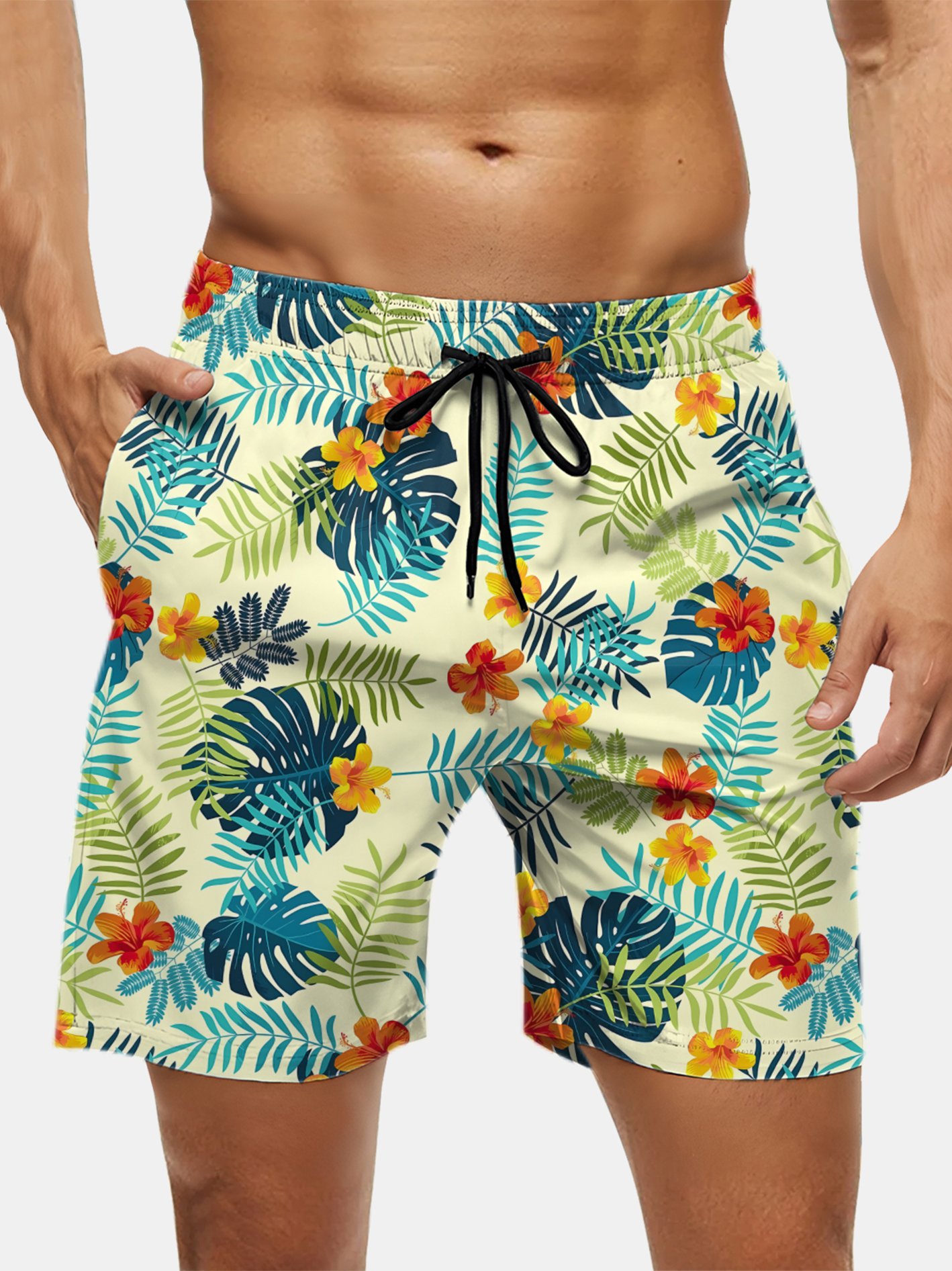 Men's Swim Trunks Hawaiian Tropical Palm Tree Beach Shorts with Pockets
